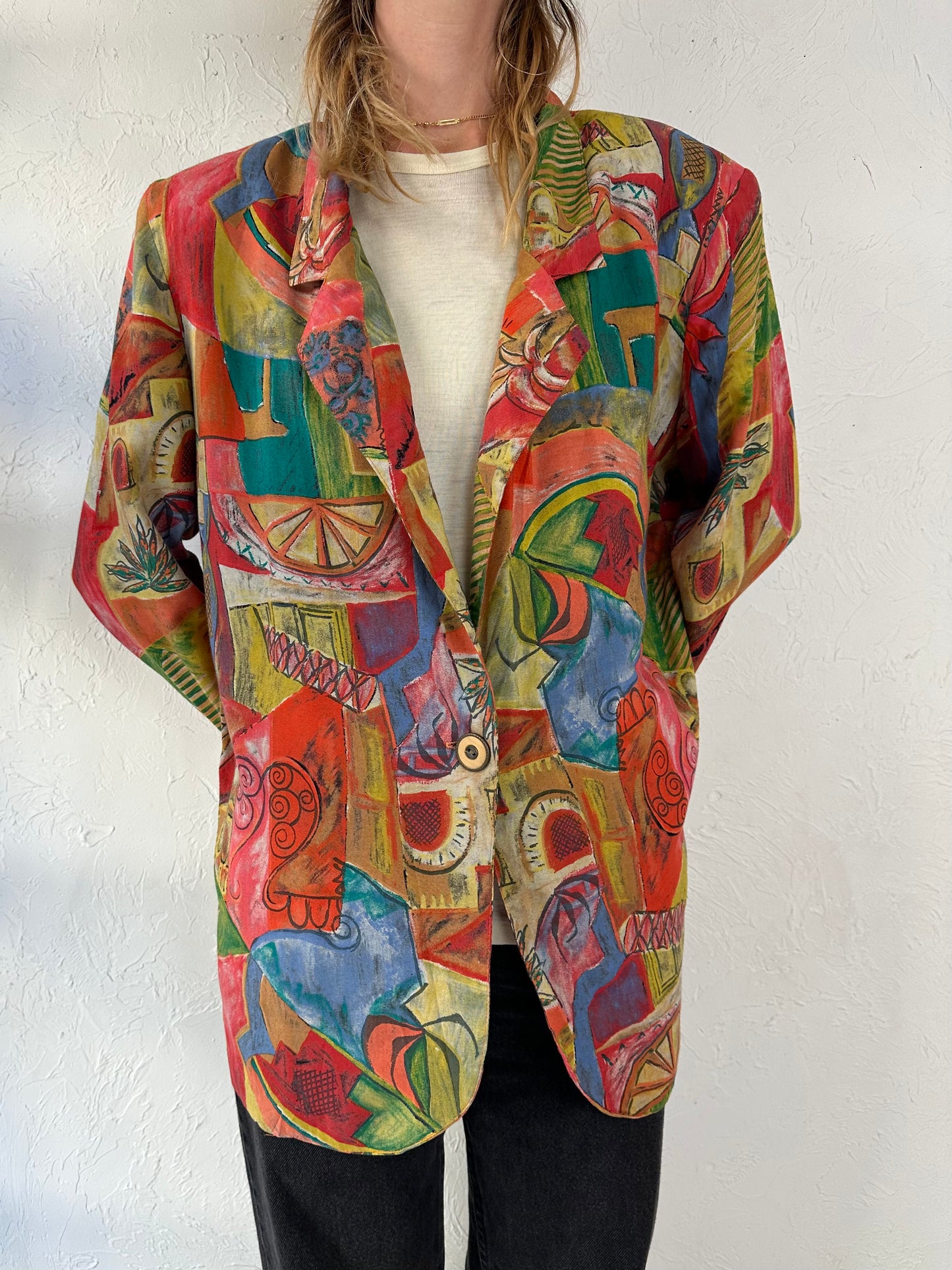 90s 'Byer' Abstract Print Oversized Rayon Jacket / Large