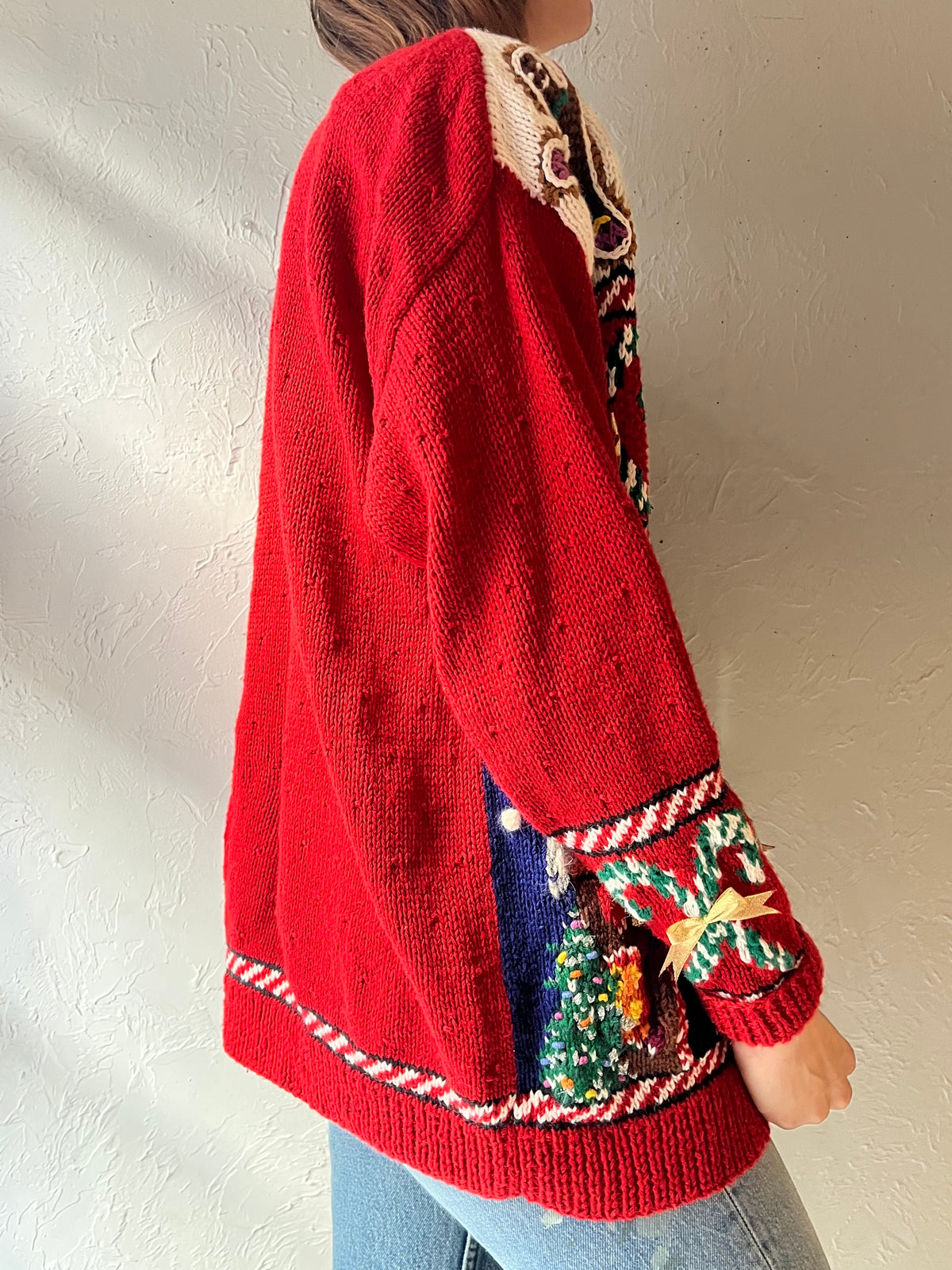 90s 'Marisa Christina' Red Gingerbread House Holiday Cardigan Christmas Novelty Knit Sweater / Medium - Large