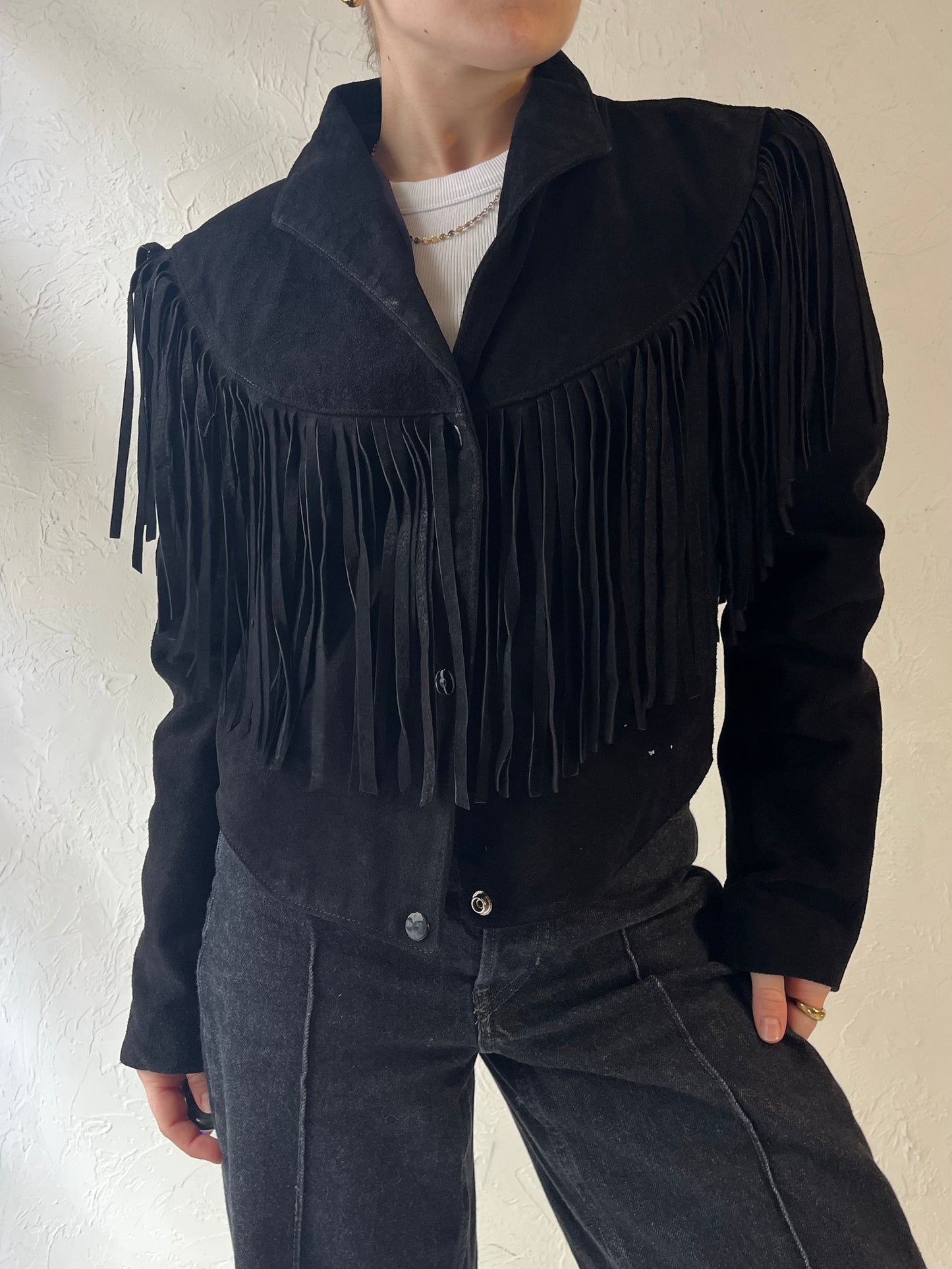 80s 'Genuine Leather' Black Suede Fringe Jacket / Medium