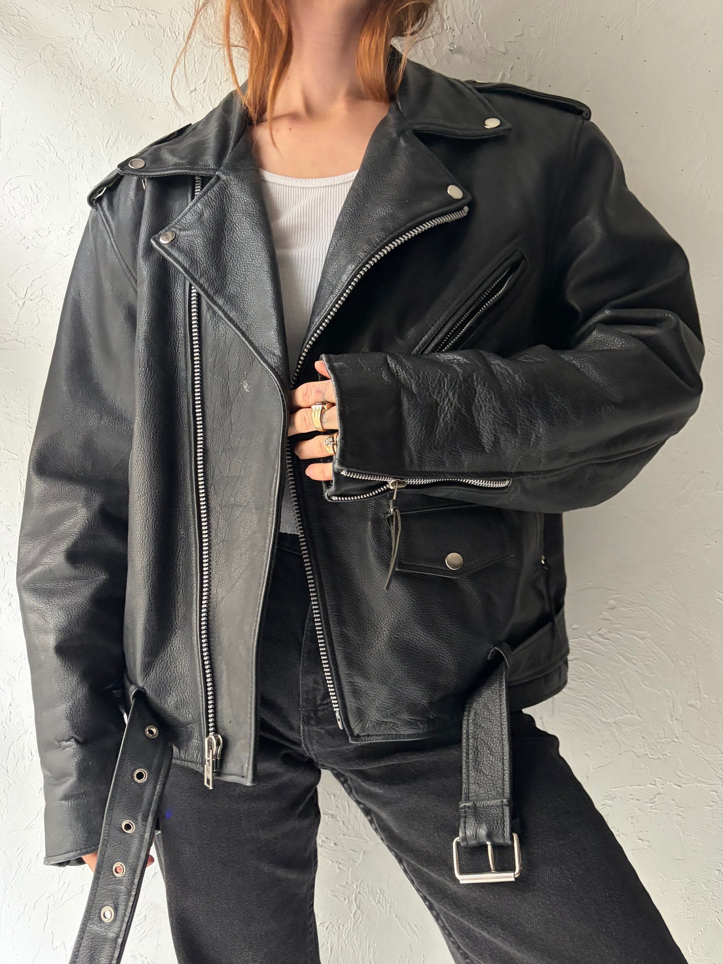 90s 'FMC' Heavy Duty Leather Moto Jacket / Large
