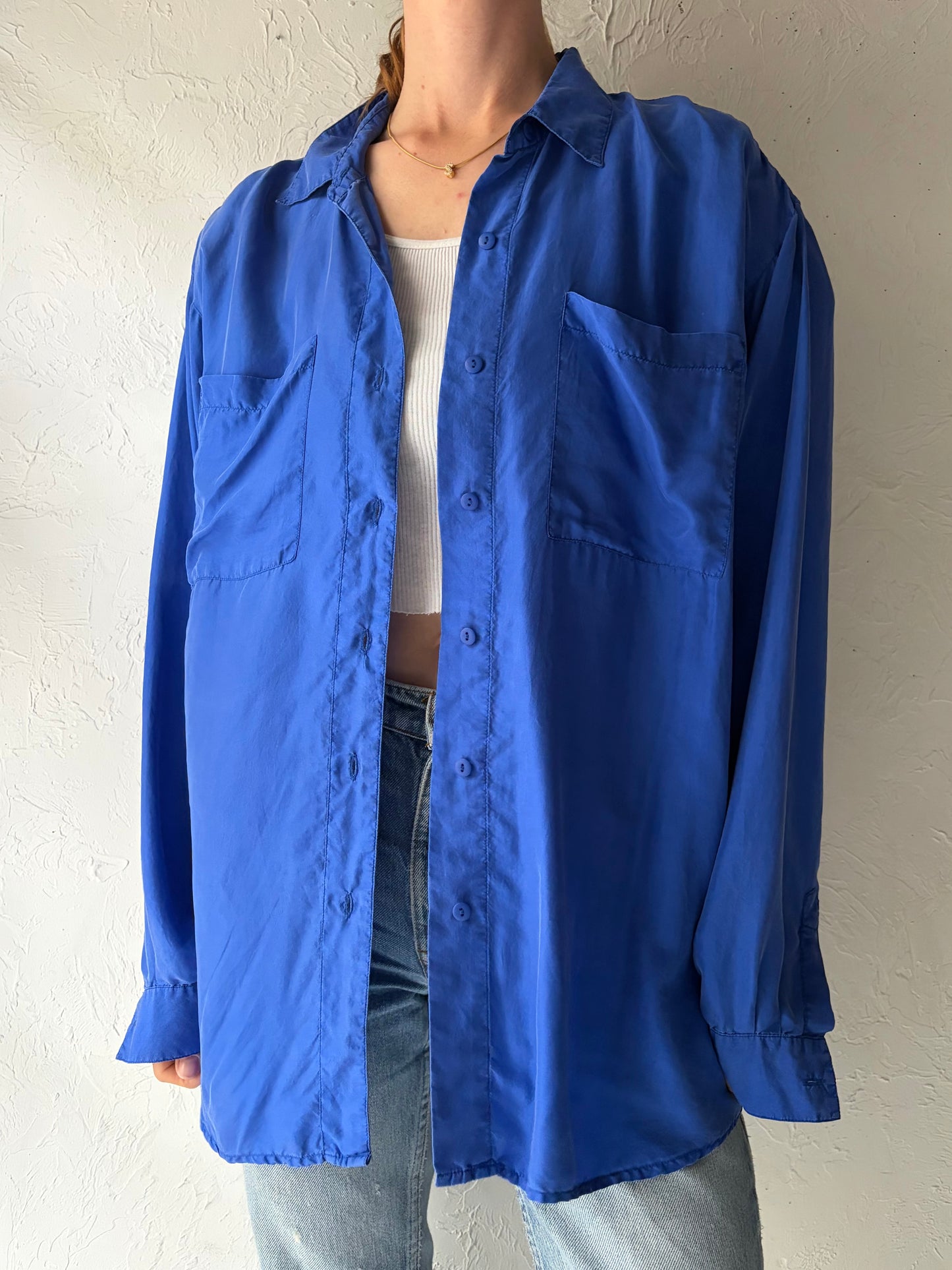 90s 'Pasha' Blue Silk Shirt / Large