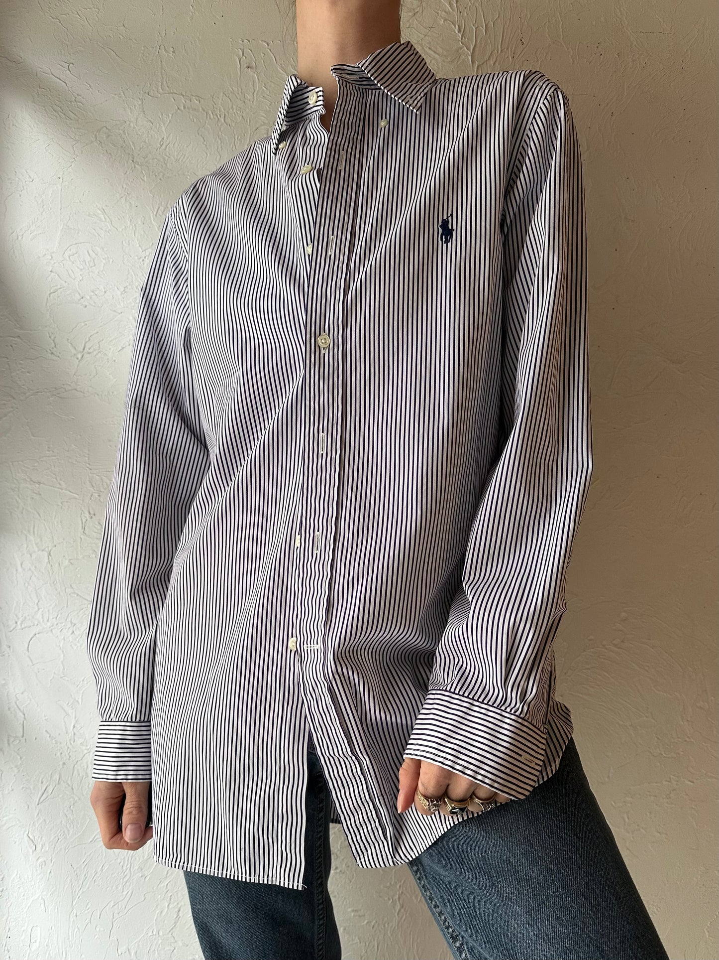 Y2k 'Ralph Lauren' Blue Striped Cotton Dress Shirt / Medium