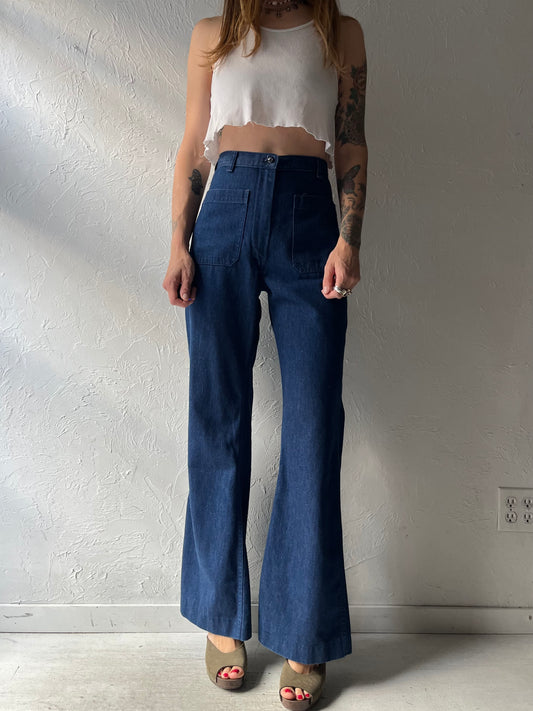 70s 'Vanderbilt' Denim Utility High Waisted Flare Jeans /