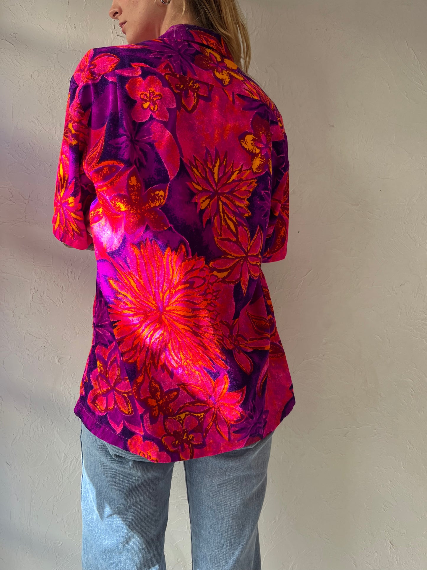 70s 'Tia' Pink Floral Button Up Shirt / Medium
