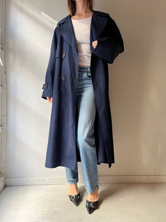 90s 'Fen-Nelli' Navy Minimalist Dark Academia Trench Coat Classic Preppy Outerwear / Large