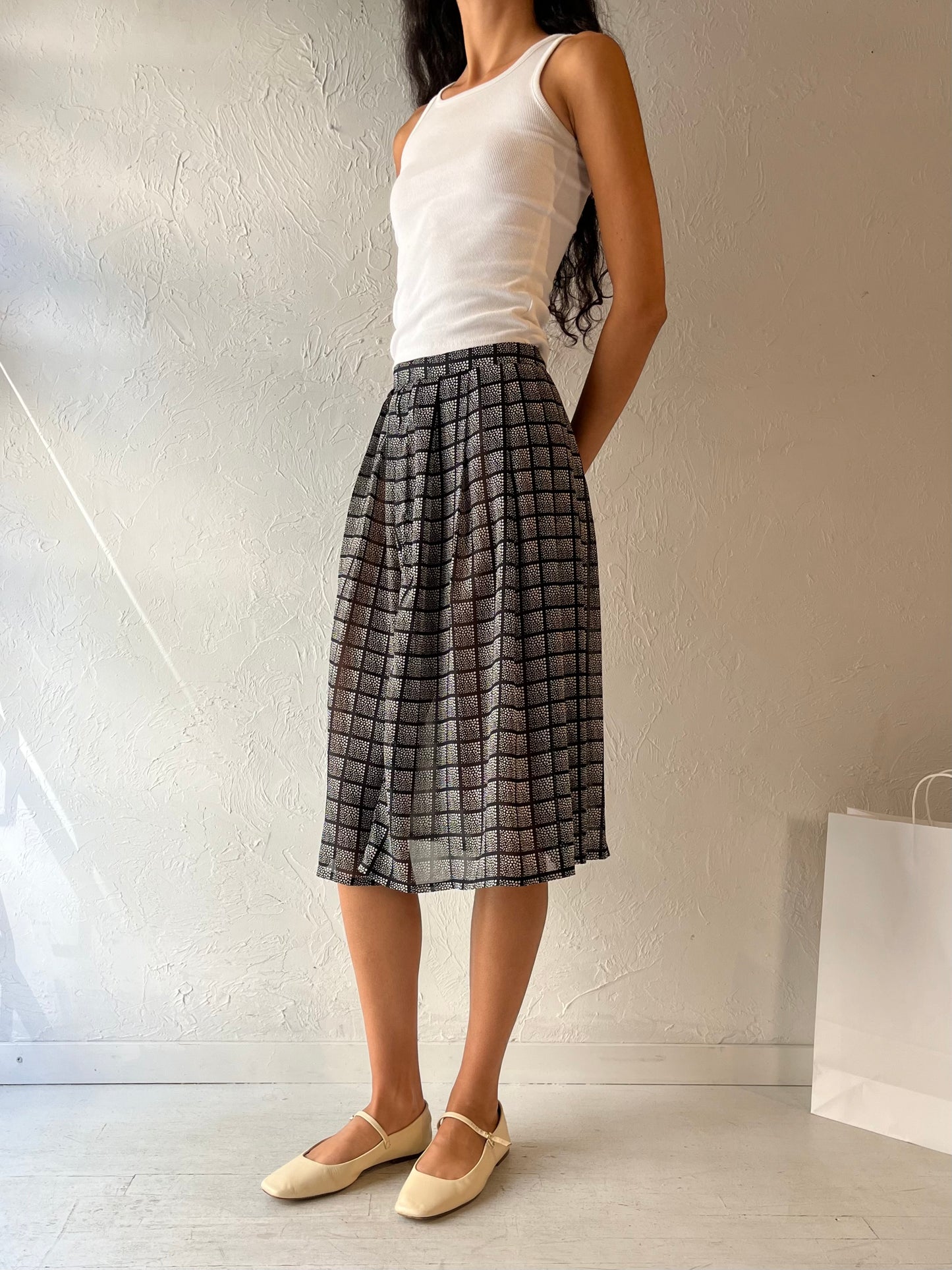 90s 'SM' Light Weight Pleated Check Midi Skirt / Small