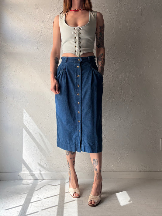 Vintage Button Up Denim Midi Skirt / Medium