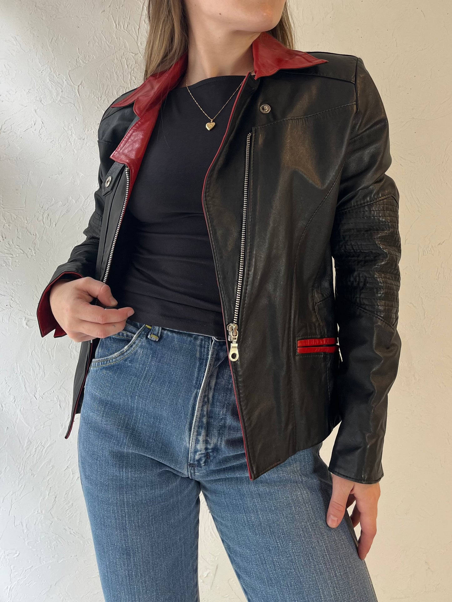 Y2k 'Kondratzky' Black and Red Leather Moto Jacket / Medium