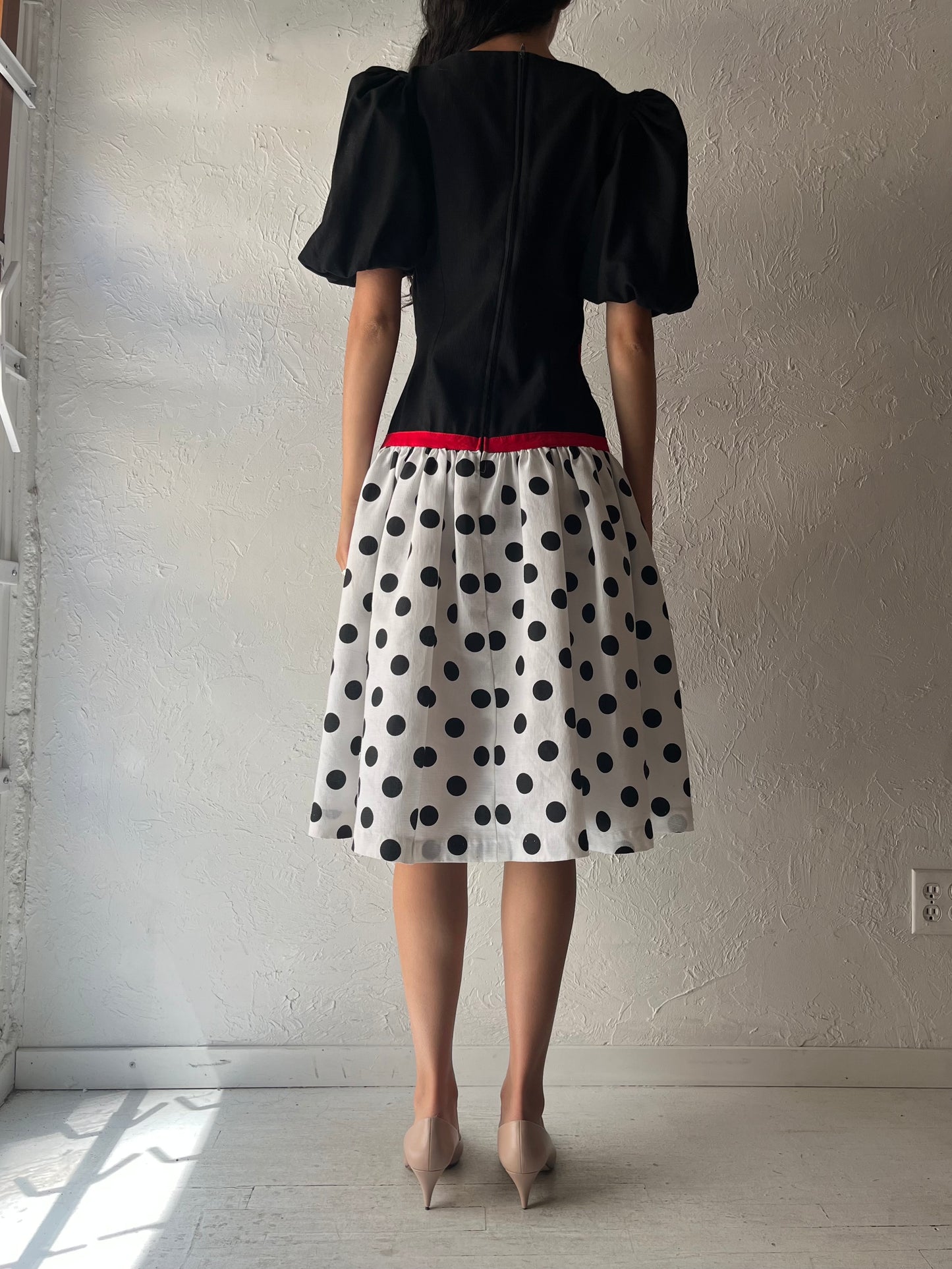 80s 'Go Vicki' Drop Waist Puff Sleeve Party Dress / Medium