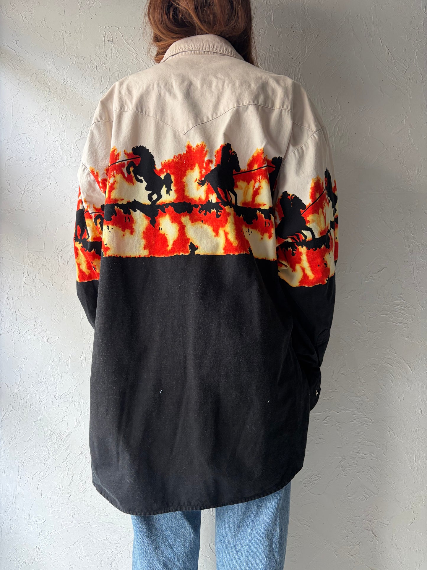 90s 'Ash Creek' Western Pearl Snap Horse Print Shirt / XL