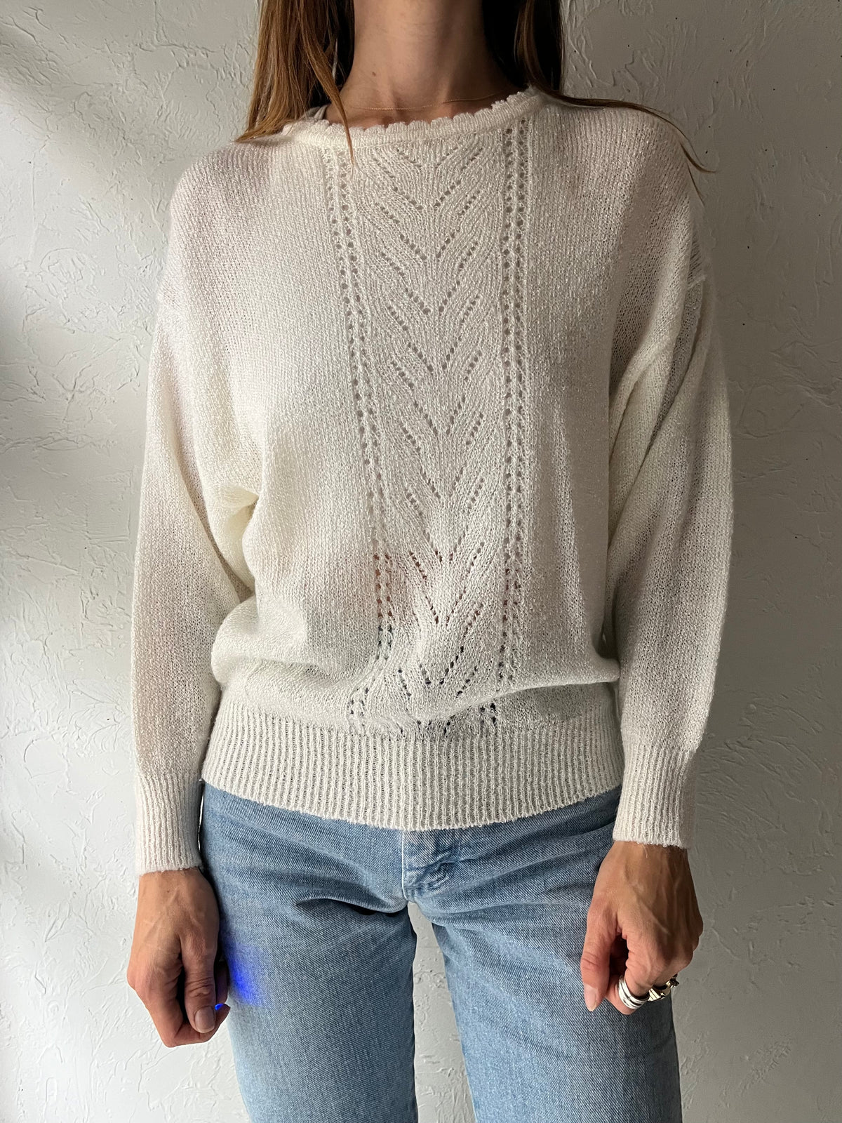 90s 'Tan Jay' White Acrylic Knit Sheer Sweater / Medium