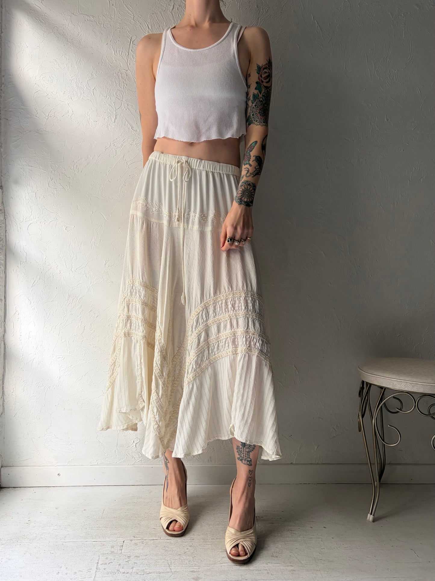 90s 'Papa' White Skirt Rayon Maxi Skirt / Medium