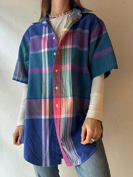 90s 'Ralph Lauren' Blue Plaid Cotton Button Up Shirt / Large
