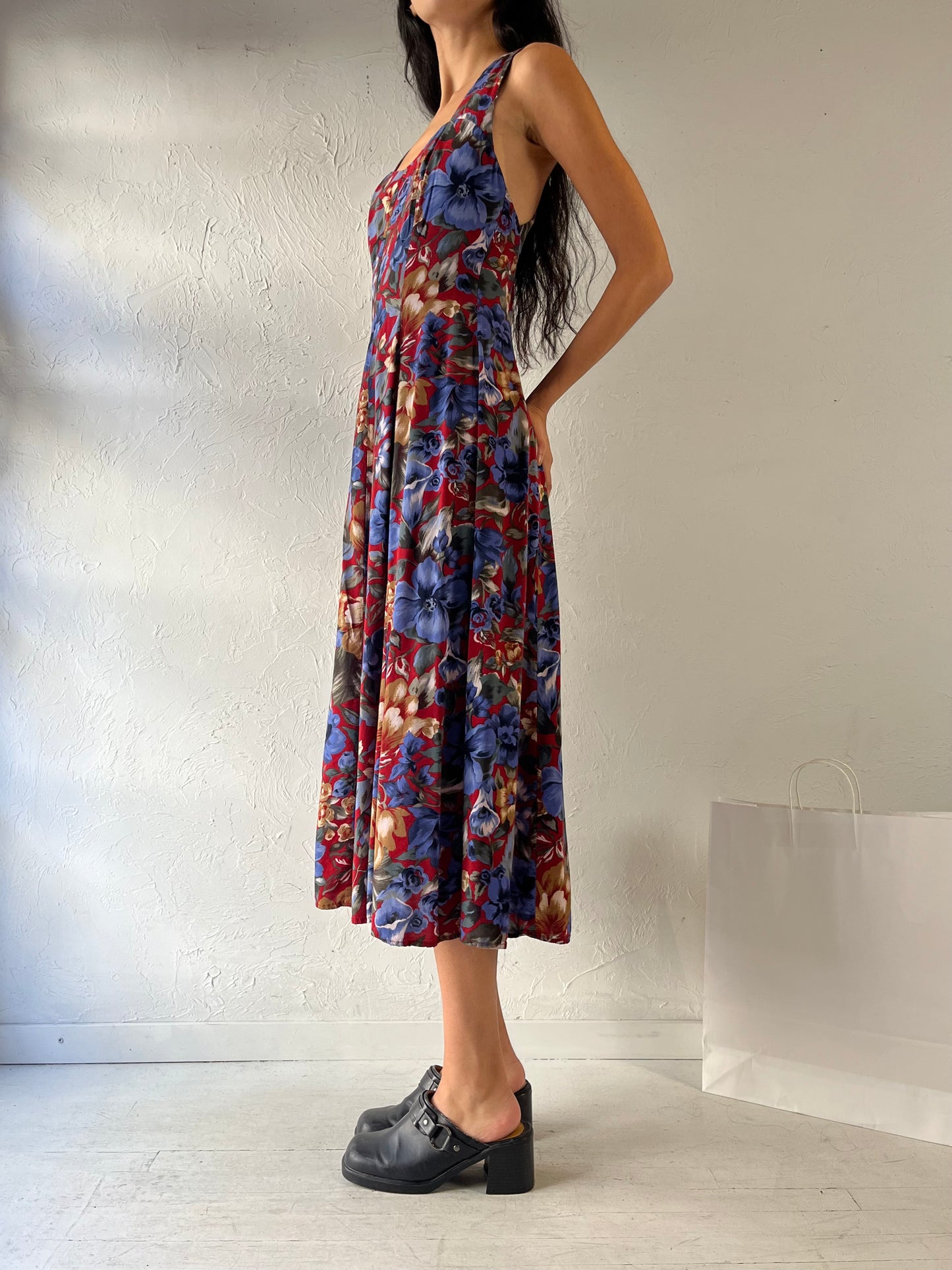 90s 'All That Jazz' Blue Floral Print Dress / Medium