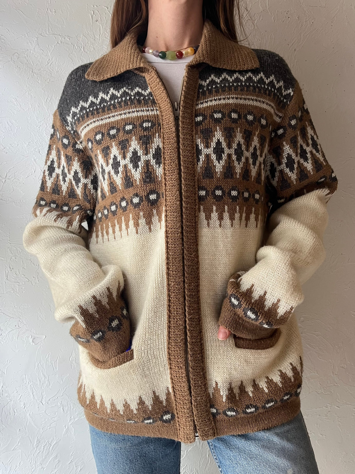80s 'Vintage ‘White Ram’ Nordic Zip-Up Cardigan Ski Lodge Geometric Knit Sweater / Large