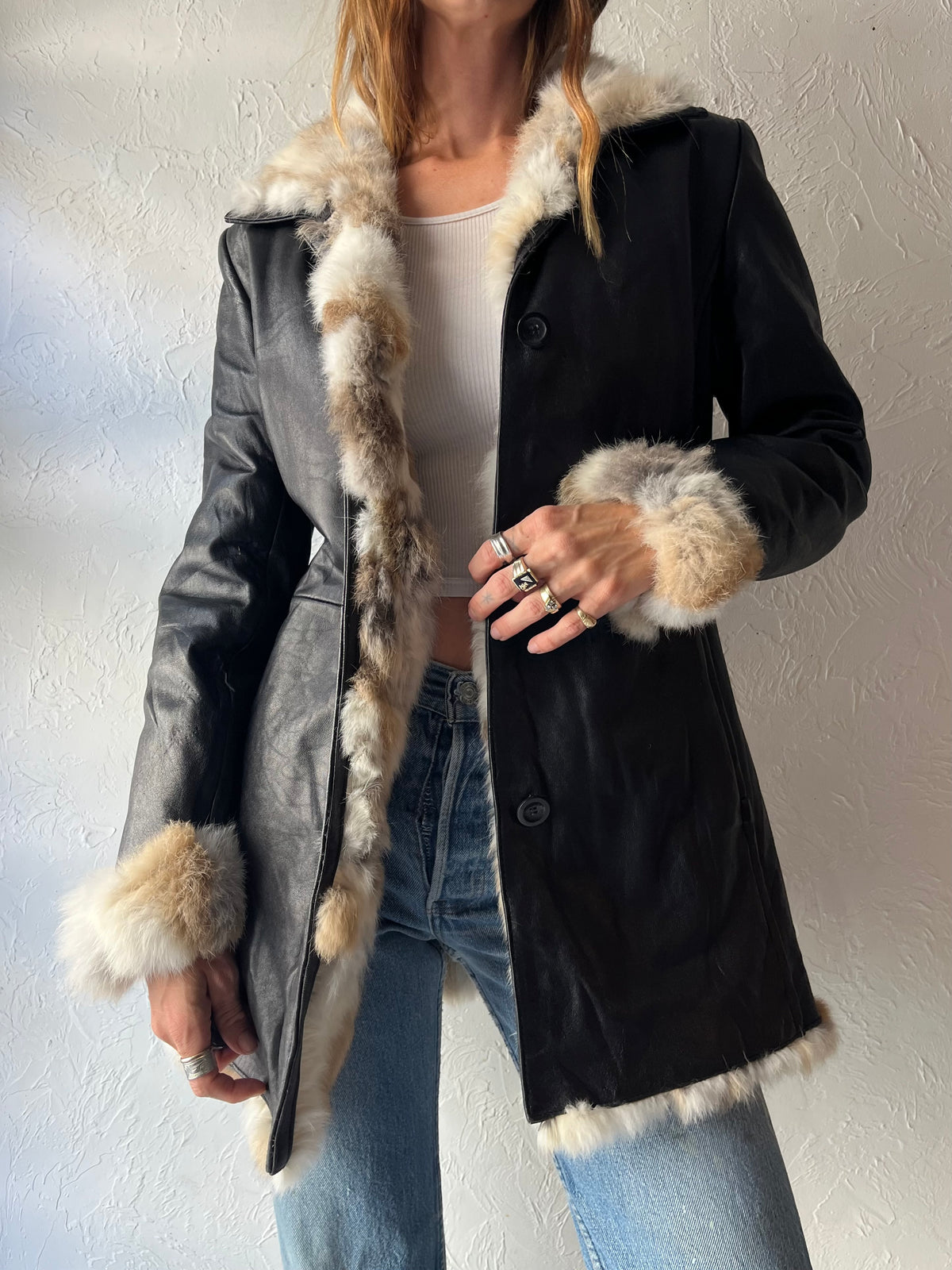 90s 'Kasper' Black Leather Fur Lined Boho Streetwear Winter Jacket / Small