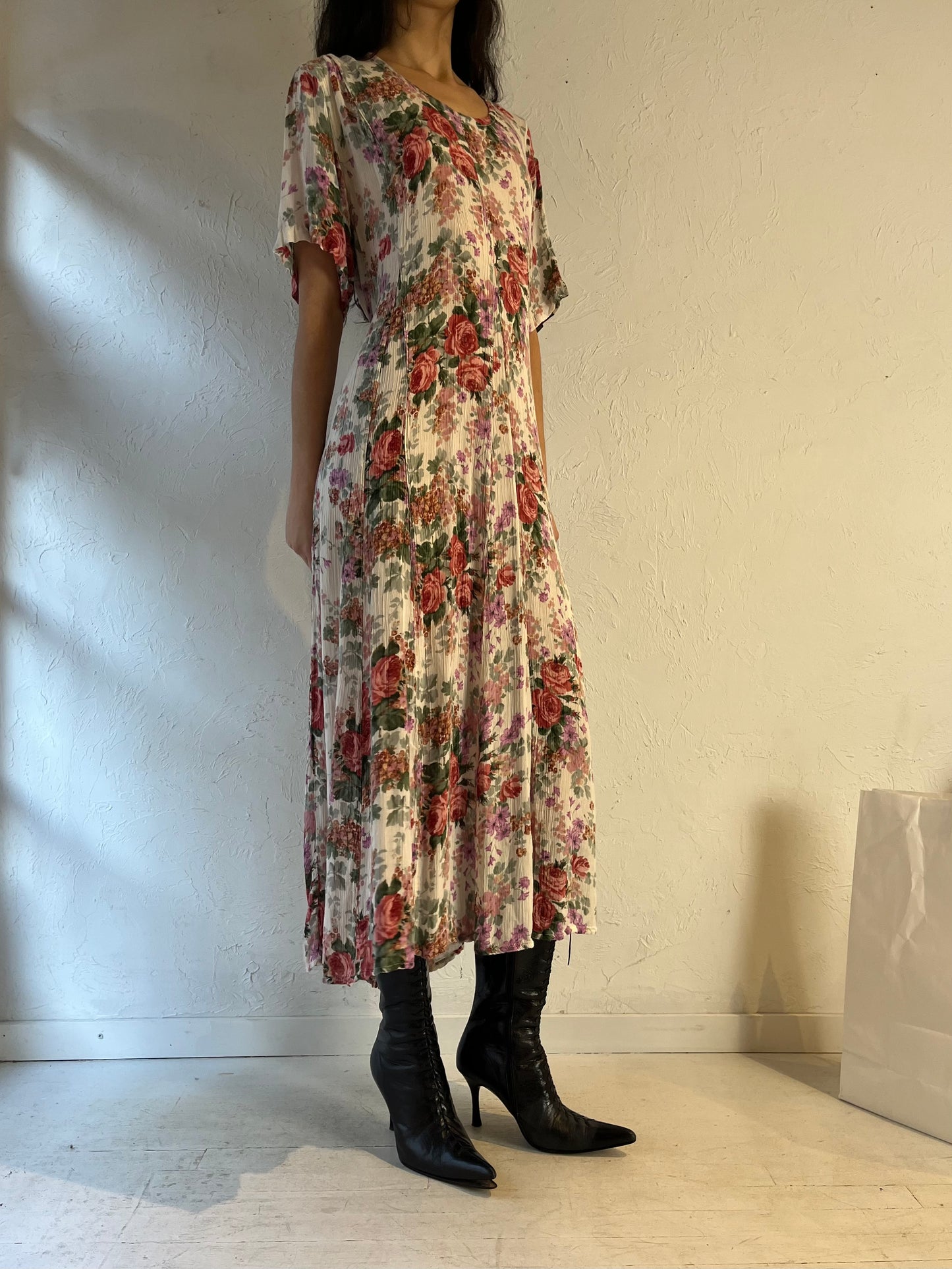 90s Floral Print Rayon Maxi Dress / Large