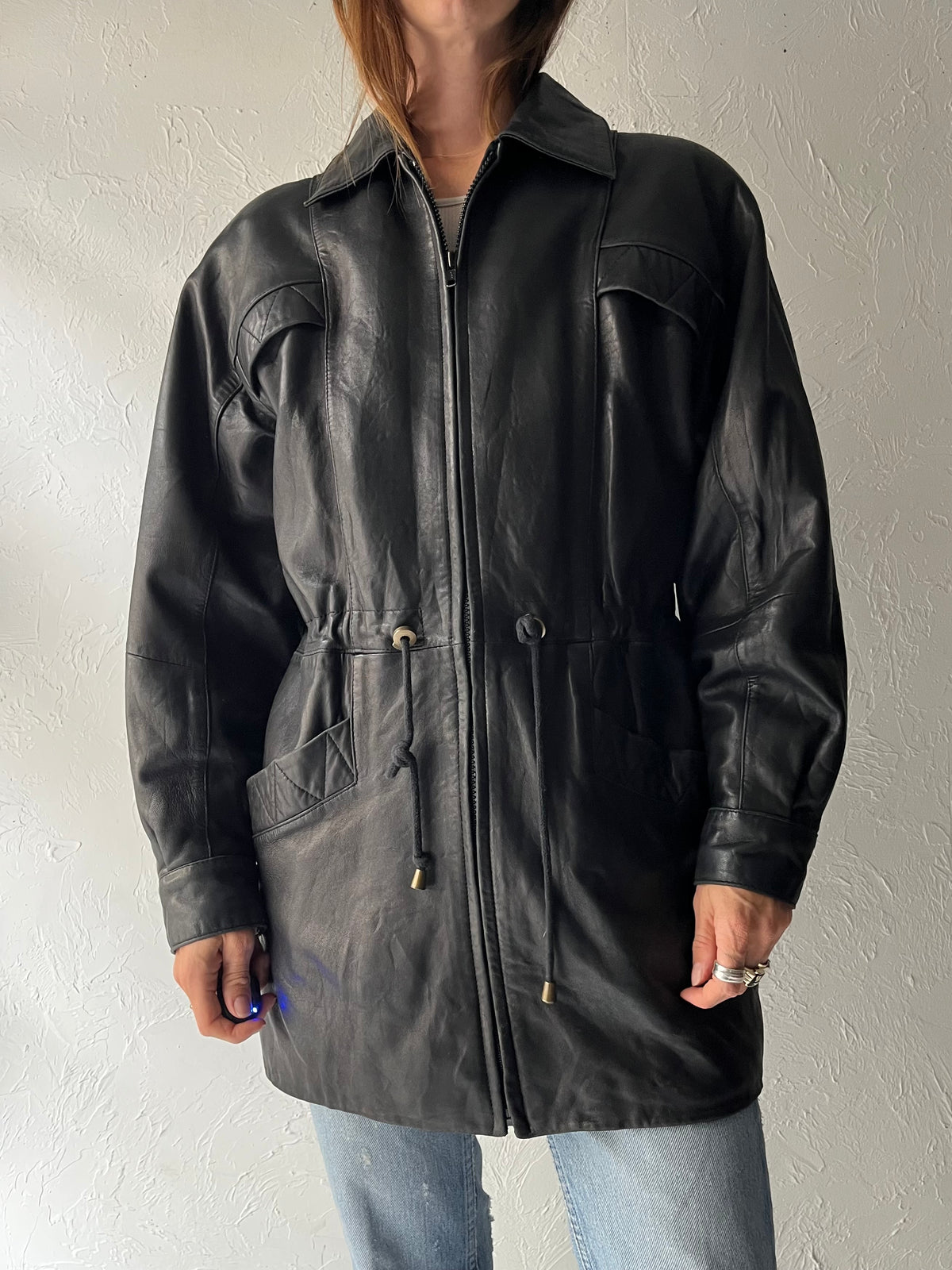 90s 'Danier' Drawstring Black Leather Jacket / XXS