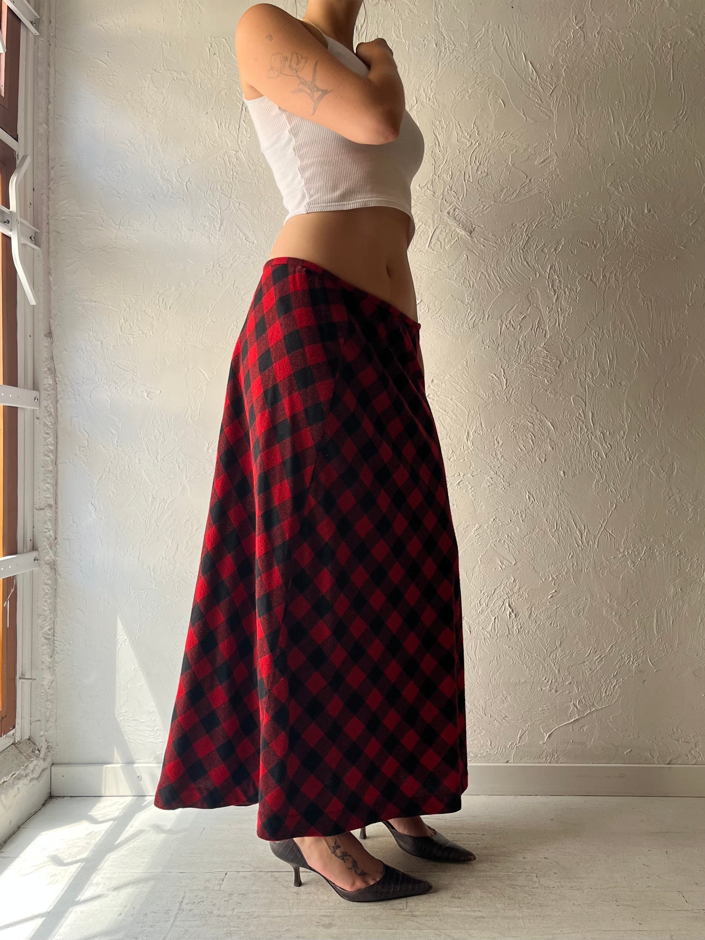 Y2k 'Liz Claiborne' Red Plaid Cottagecore Maxi Fall Skirt / Large