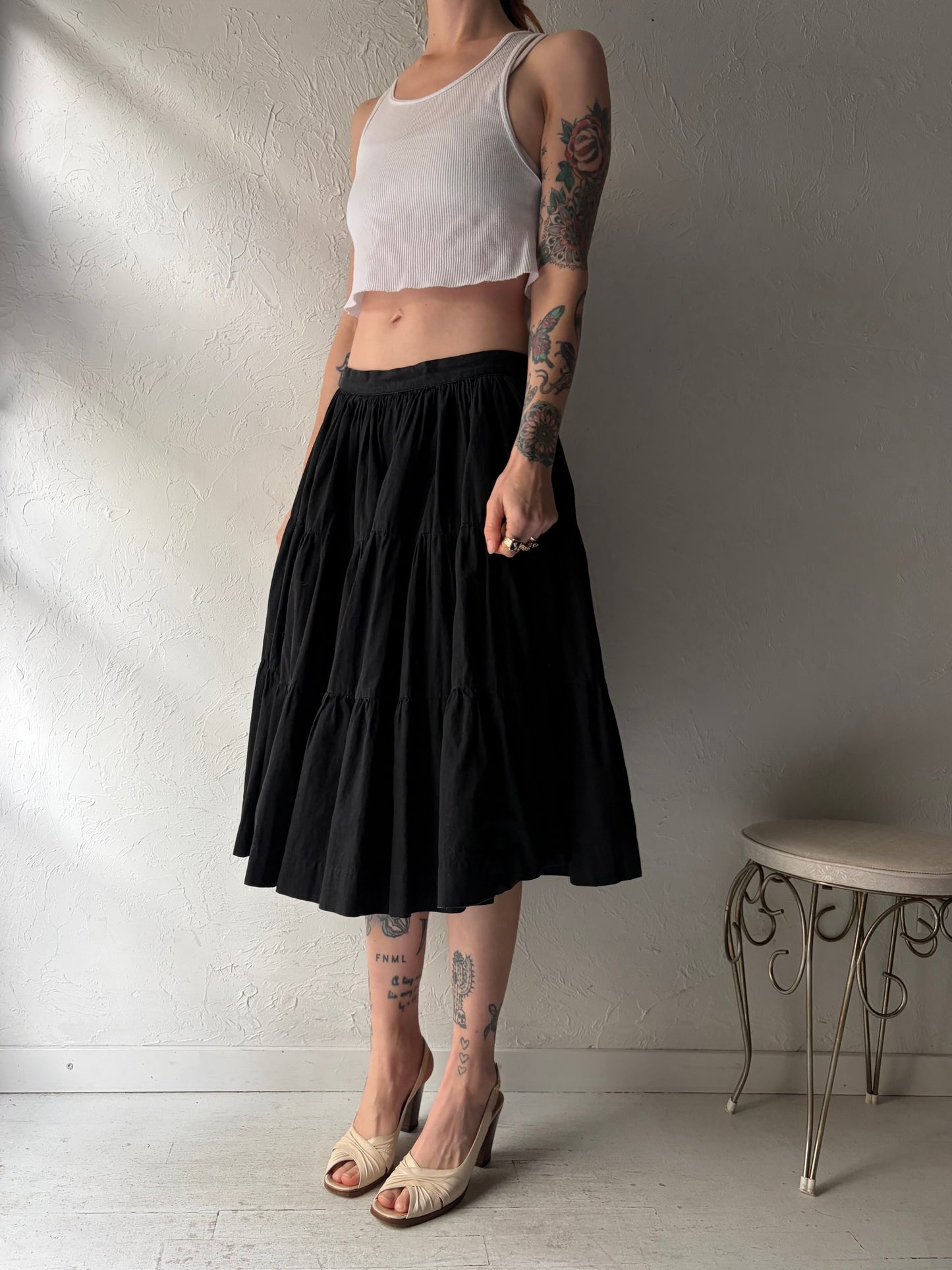 Vintage Black Tiered Midi Skirt / Small - Medium