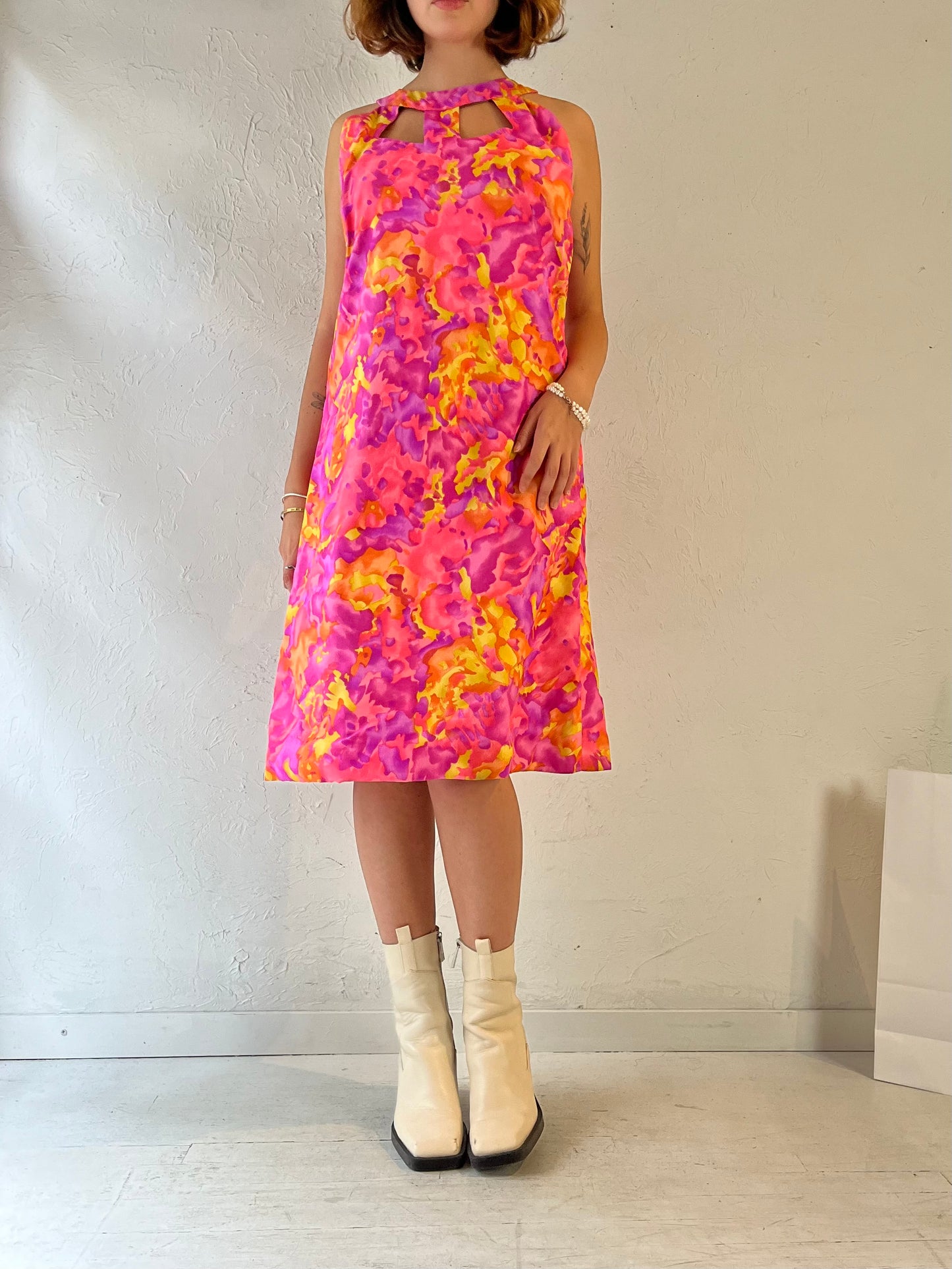 70s Handmade Pink Water Color Cut Out Dress / Medium