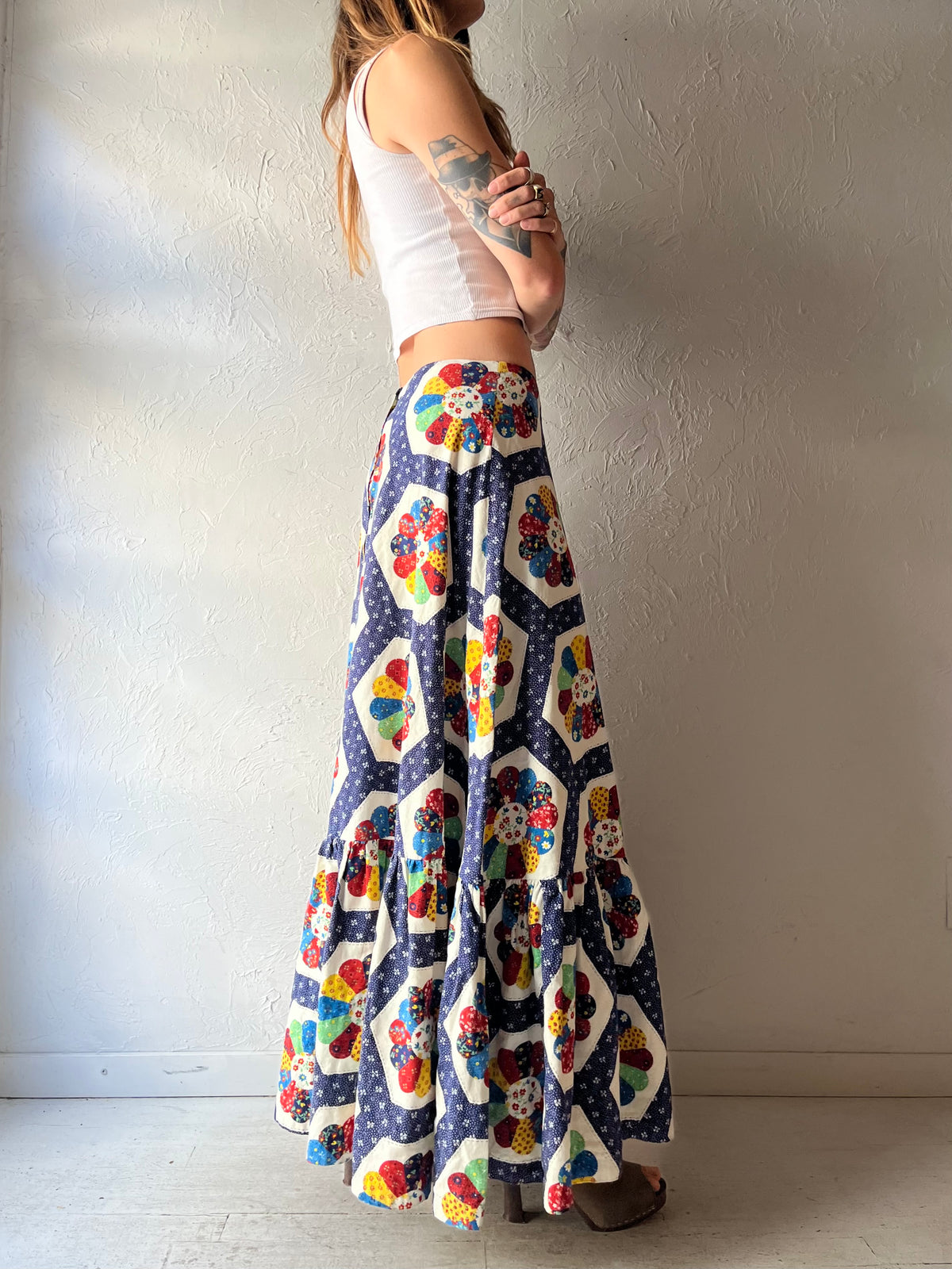1970s Retro Patchwork Hippie Maxi Skirt / Small