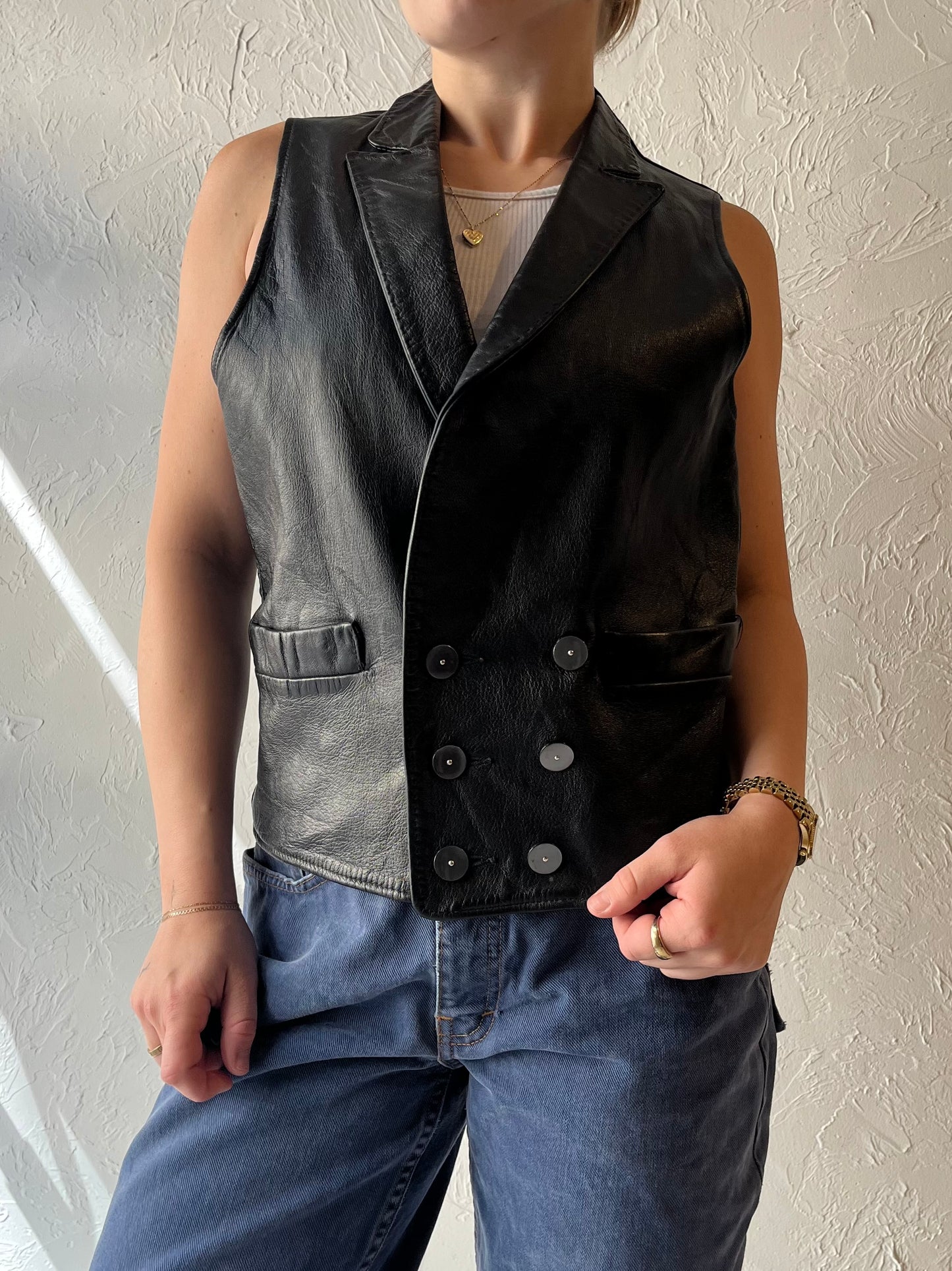 Vintage Black Leather Vest / Medium