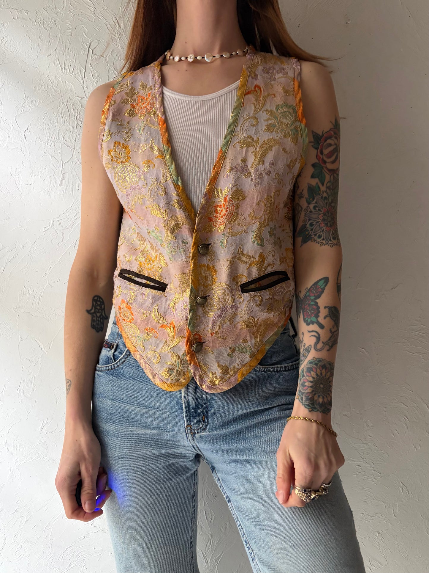 90s 'No!' Metallic Floral Patterned Retro Vest / Vintage 1990s Grunge Vest / Small