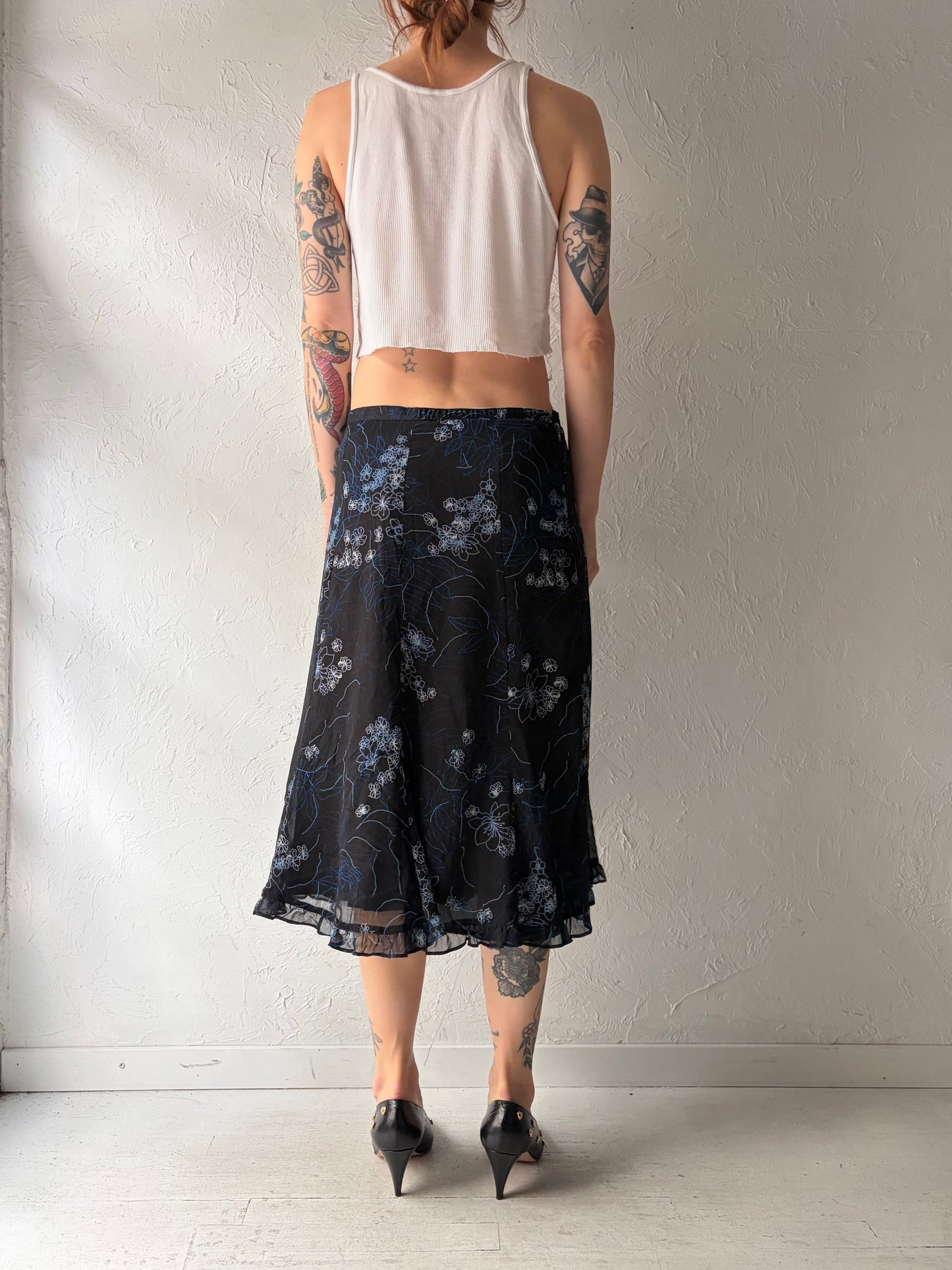 90s 'Sag Harbor' Black Floral Grunge Midi Summer Skirt / Medium