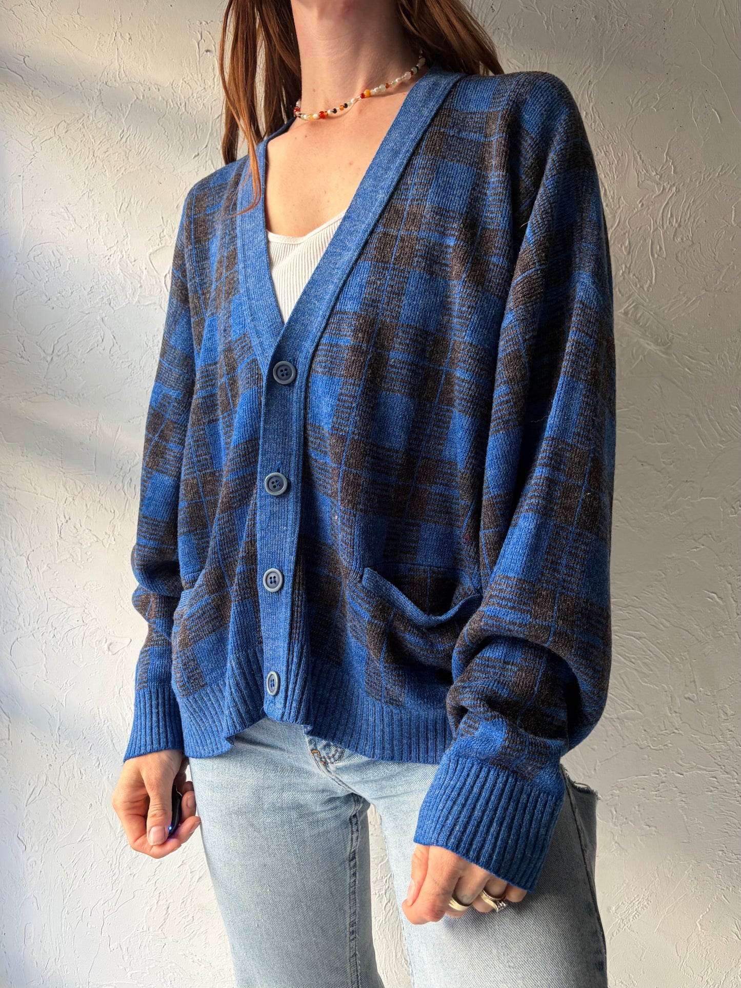 90s 'Jantzen' Blue Plaid Preppy Normcore Cardigan Sweater / Large