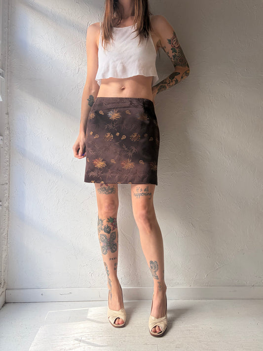 80s 'Item' Brown Floral Pattern Retro Mod Micro Mini Skirt / Medium