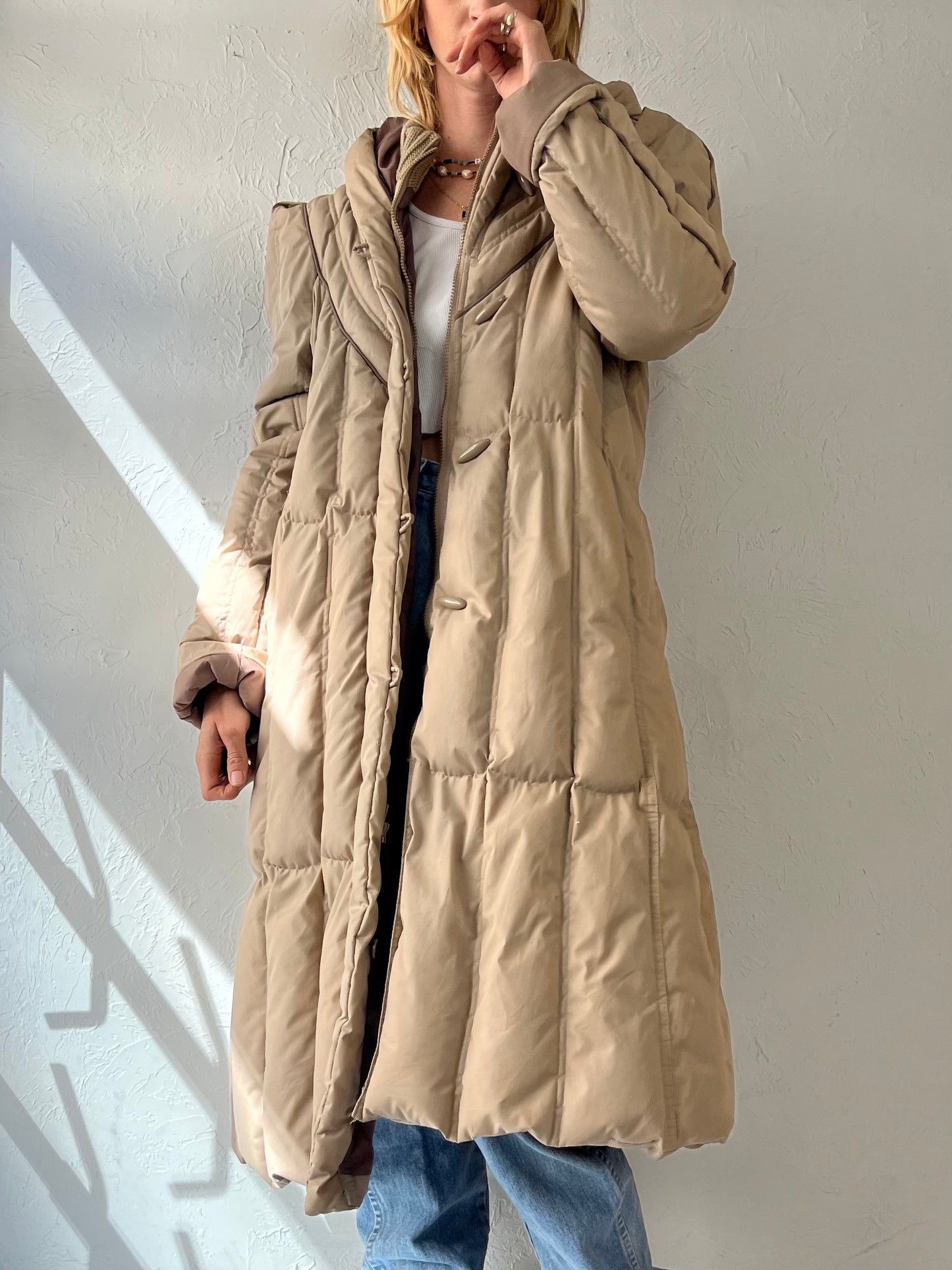 80s 90s 'Saxton Hall' Long Beige Down Puffer Coat Jacket / Medium