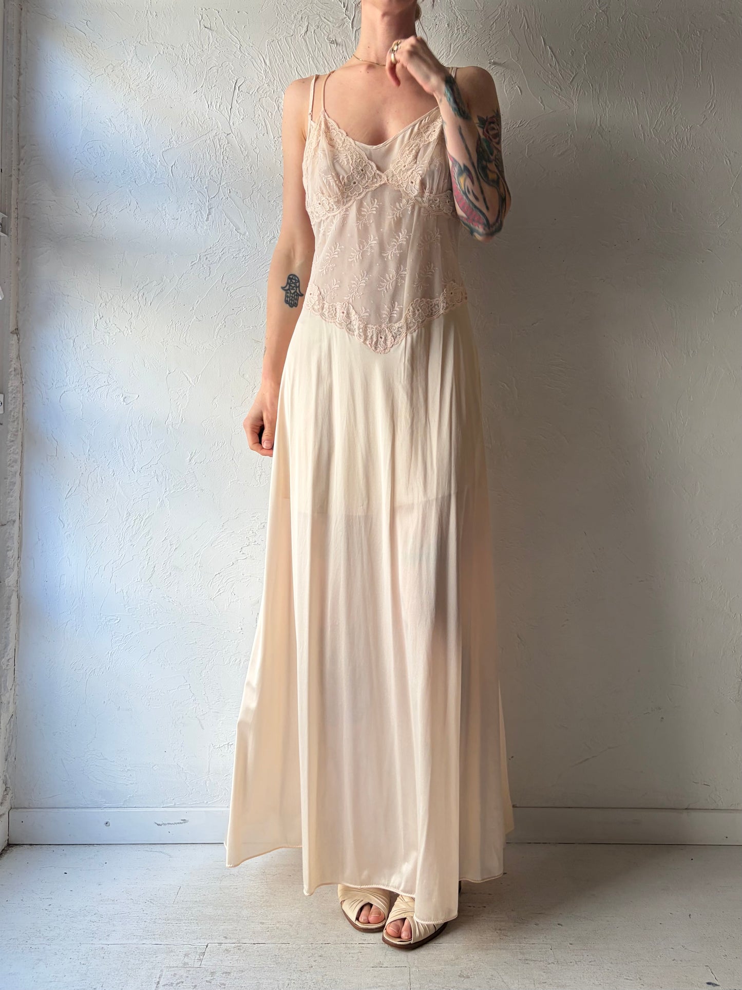 80s 'Vanity Fair' Pink Lacey Maxi Slip Dress / Small