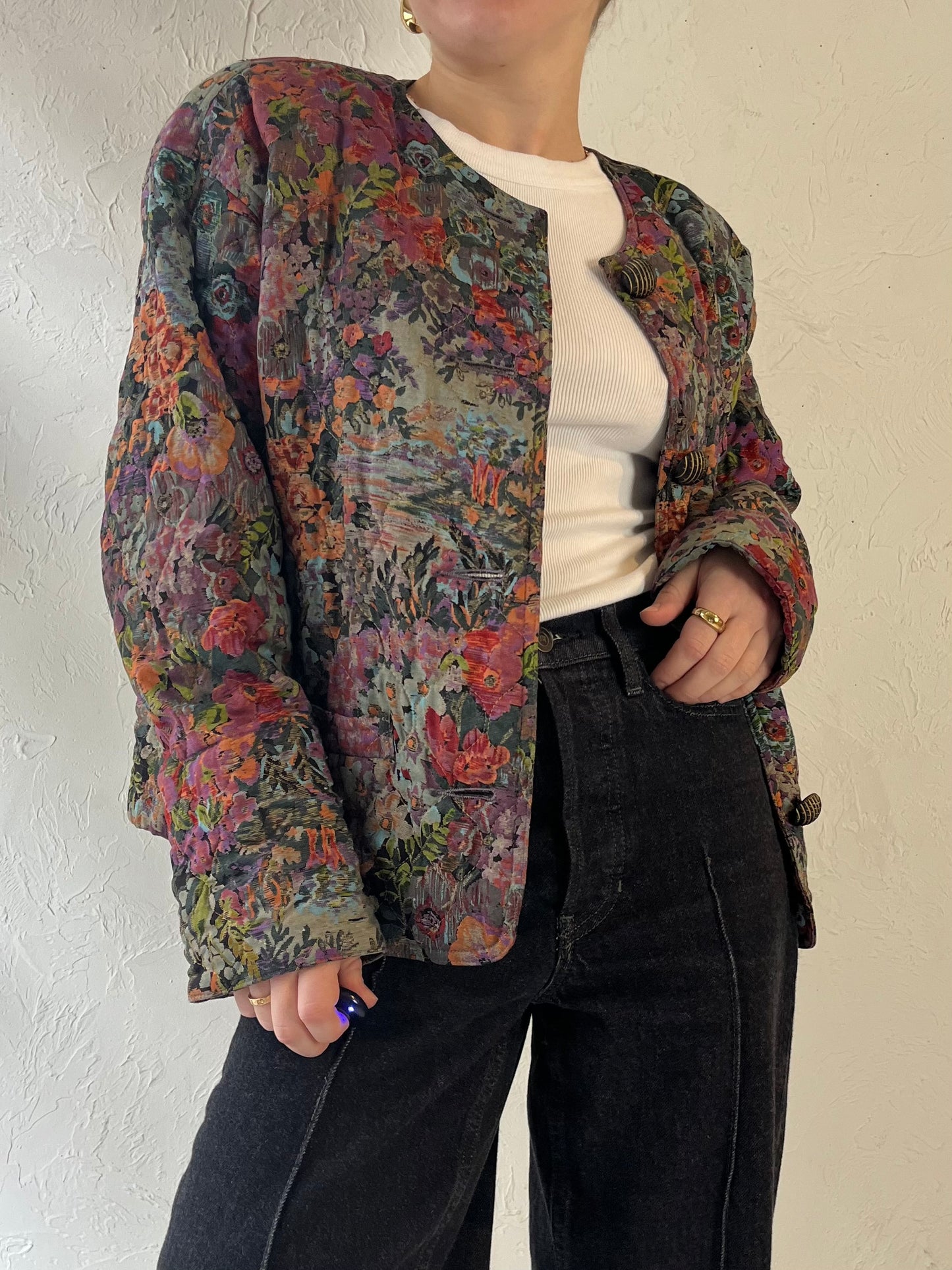 90s 'Carol Little' Quilted Floral Print Rayon Jacket / Medium