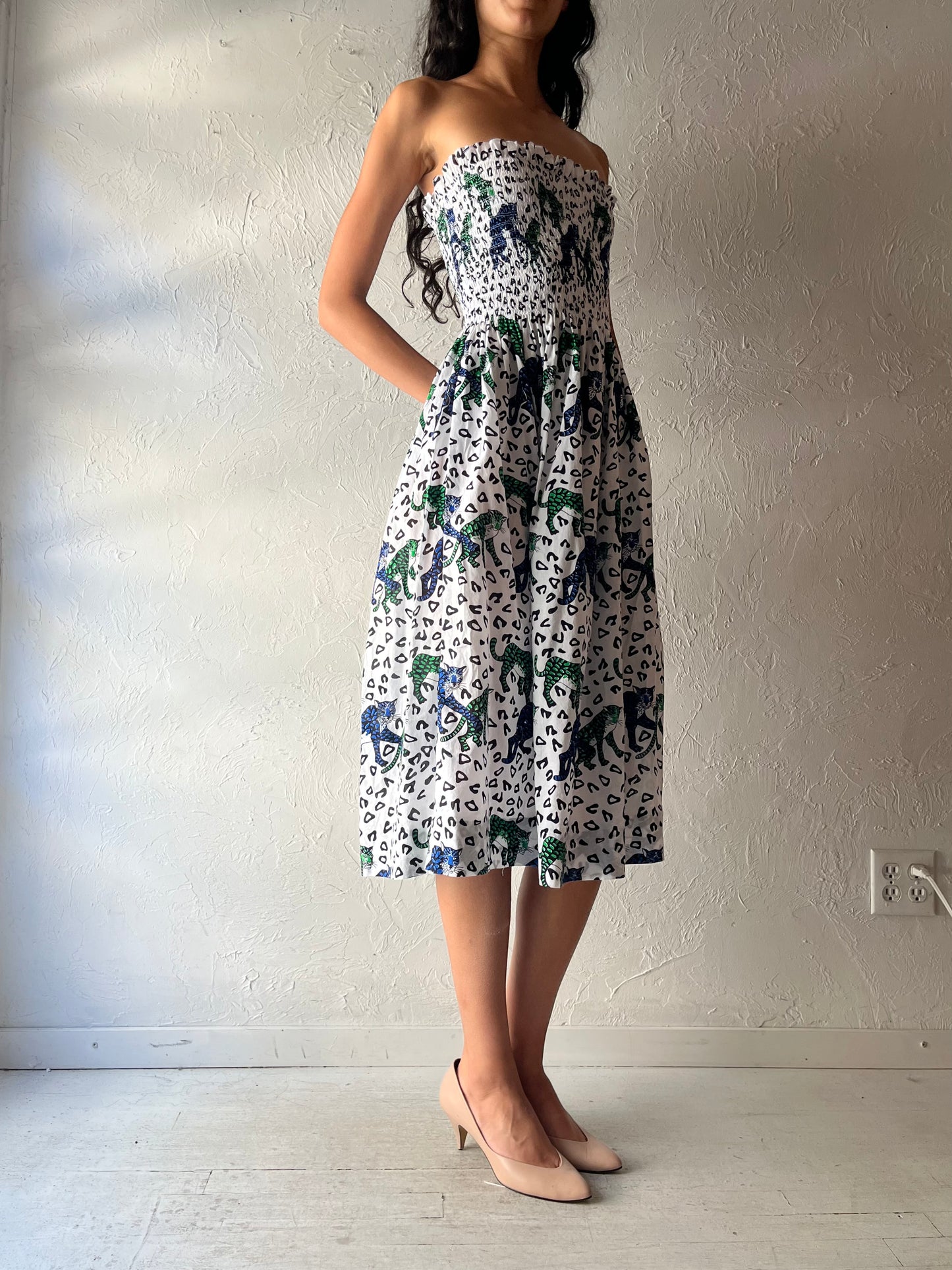70s ' Star of Siam' Smocked Strapless Animal Print Midi Dress / Small - Medium