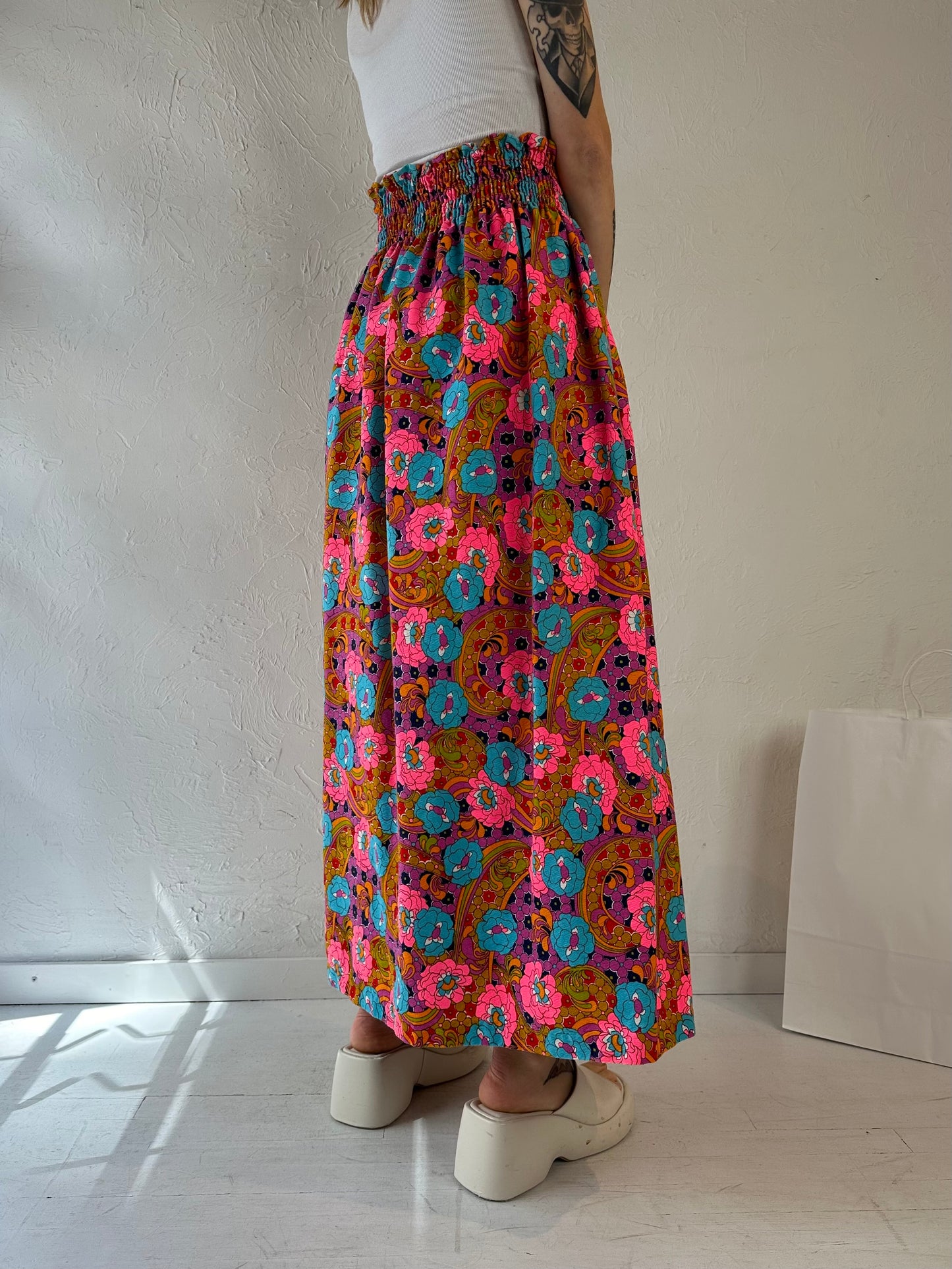 70s 'Beverly Vogue' Retro Floral Cotton Maxi Skirt / Medium