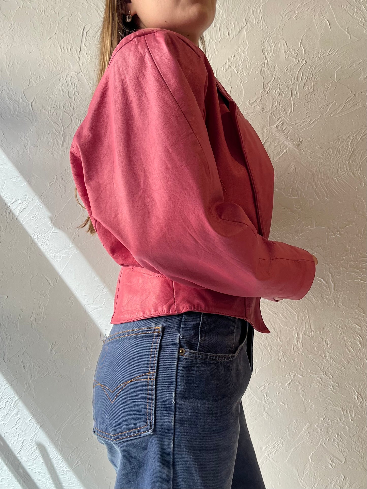 80s 'Chia' Pink Leather Bomber Jacket / Small