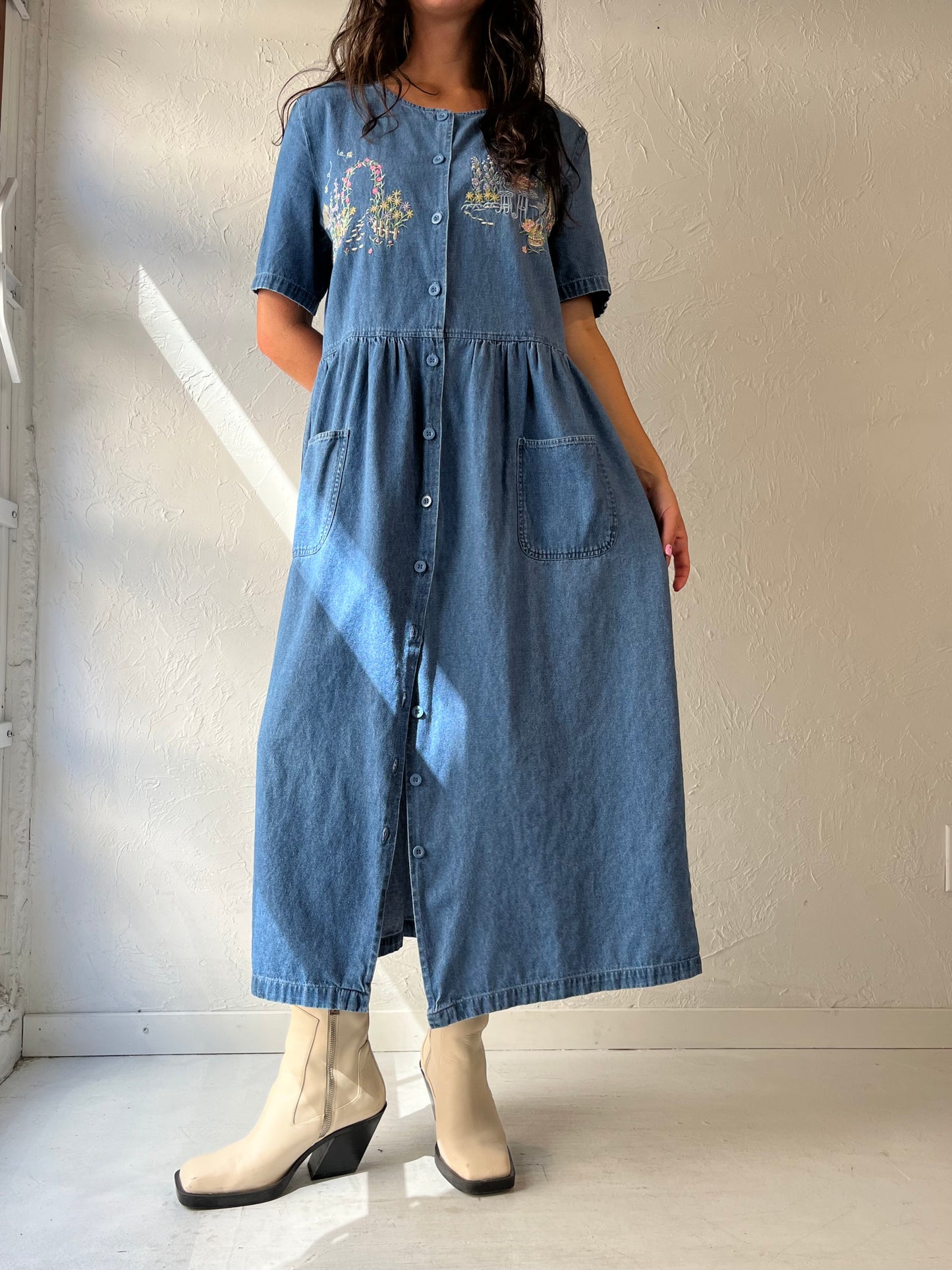 90 Button Up Denim Embroidered Chore Dress / Medium