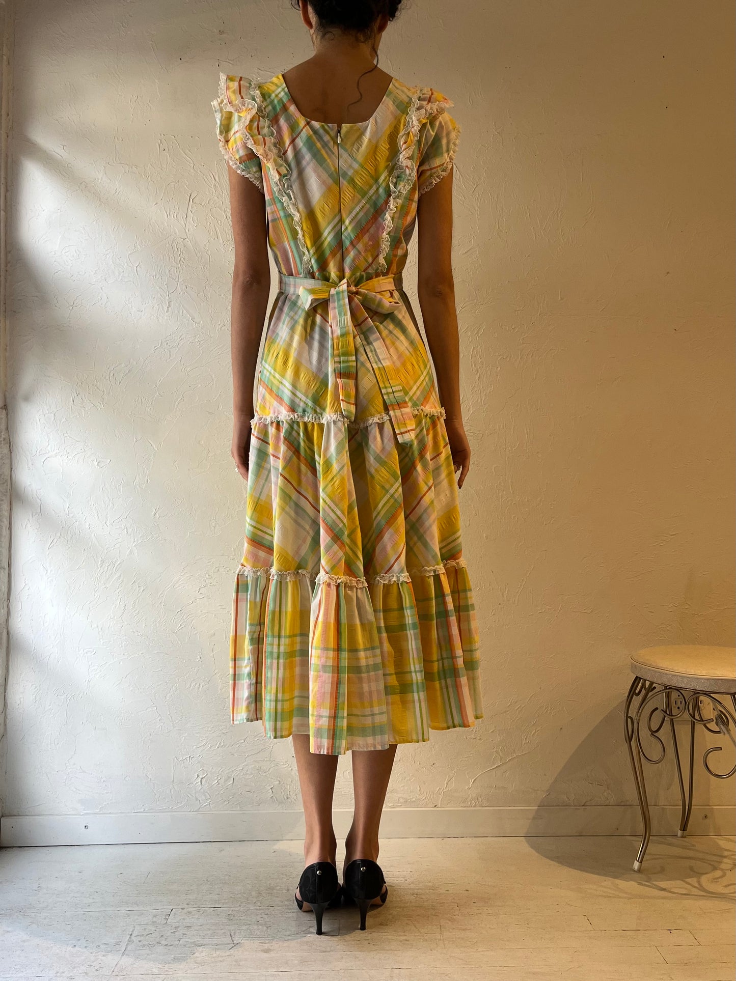 70s ‘Le Voys’ Rainbow Plaid Peasant Midi Dress / Small