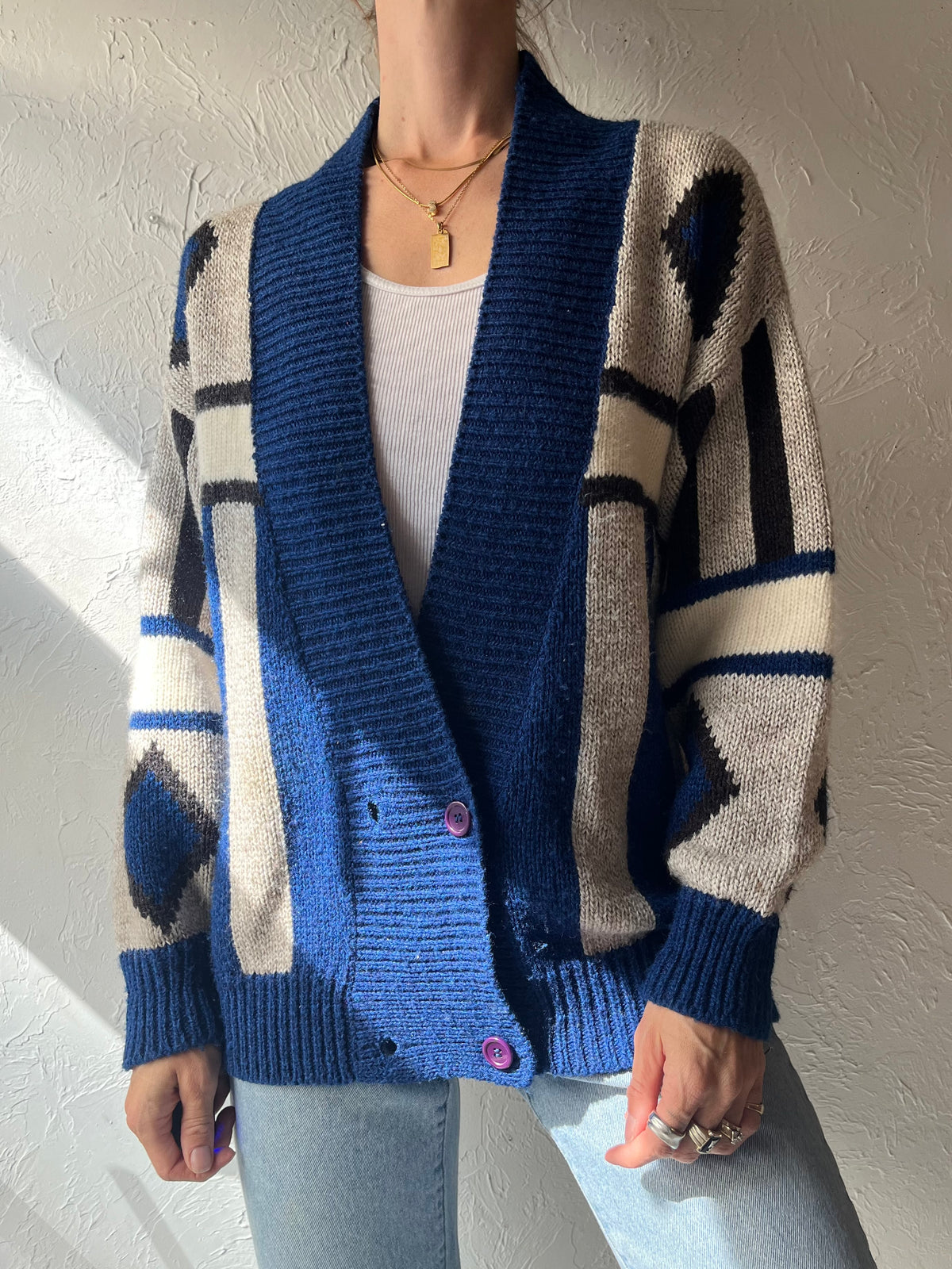 80s ‘Surrey Classics’ Blue & Grey Geometric Cottagecore Grandpacore Cardigan Sweater / Small