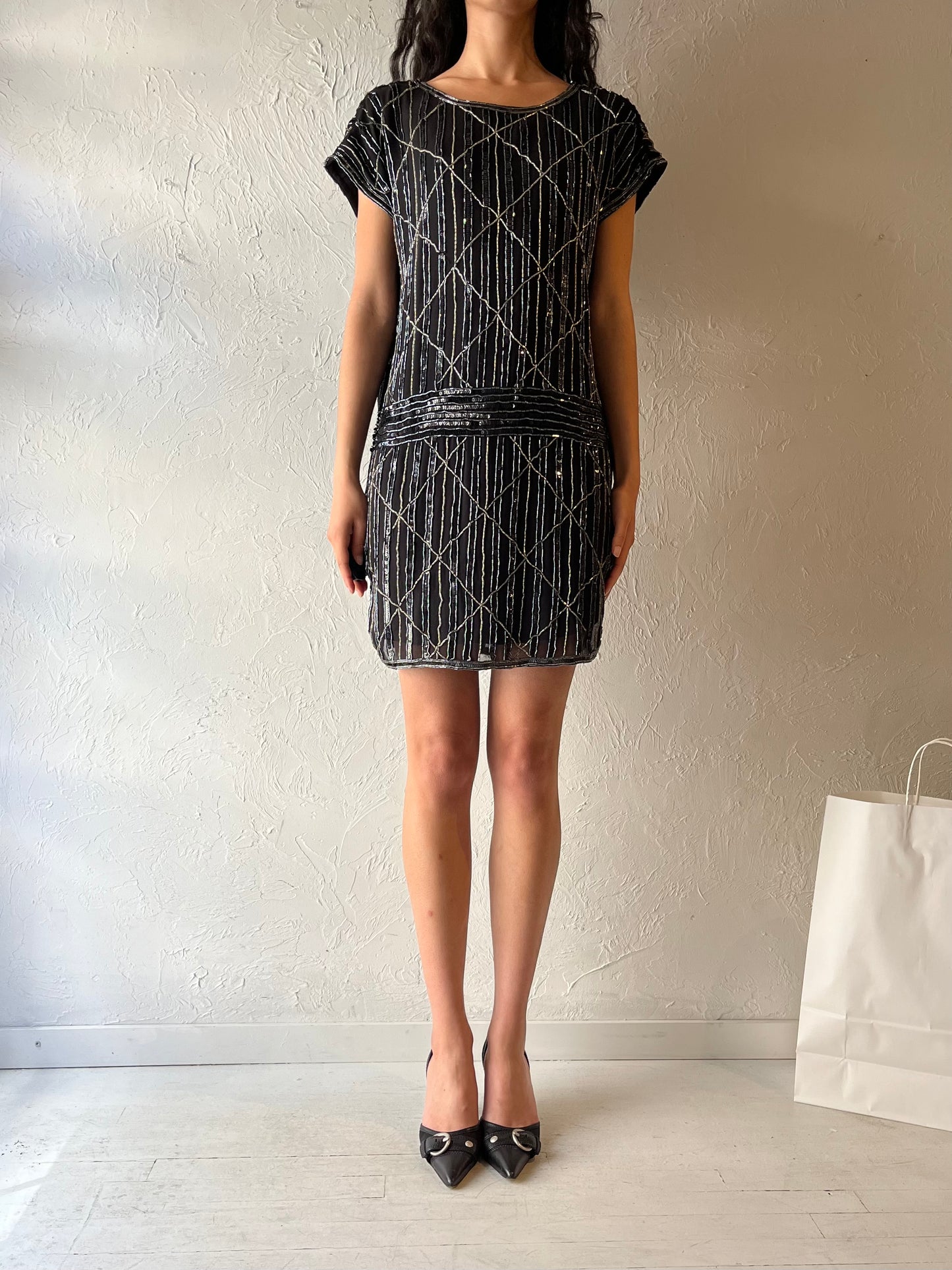 90s Black Beaded Dress / Medium