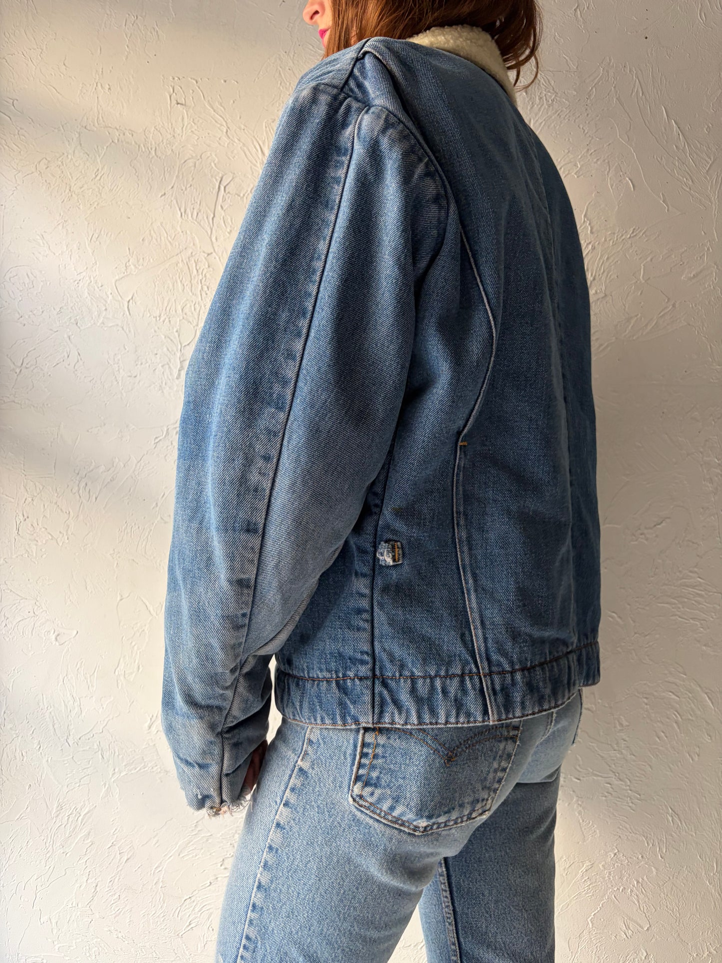 70s 'Key Imperial' Faux Shearling Lined Denim Work Wear Jacket / Medium