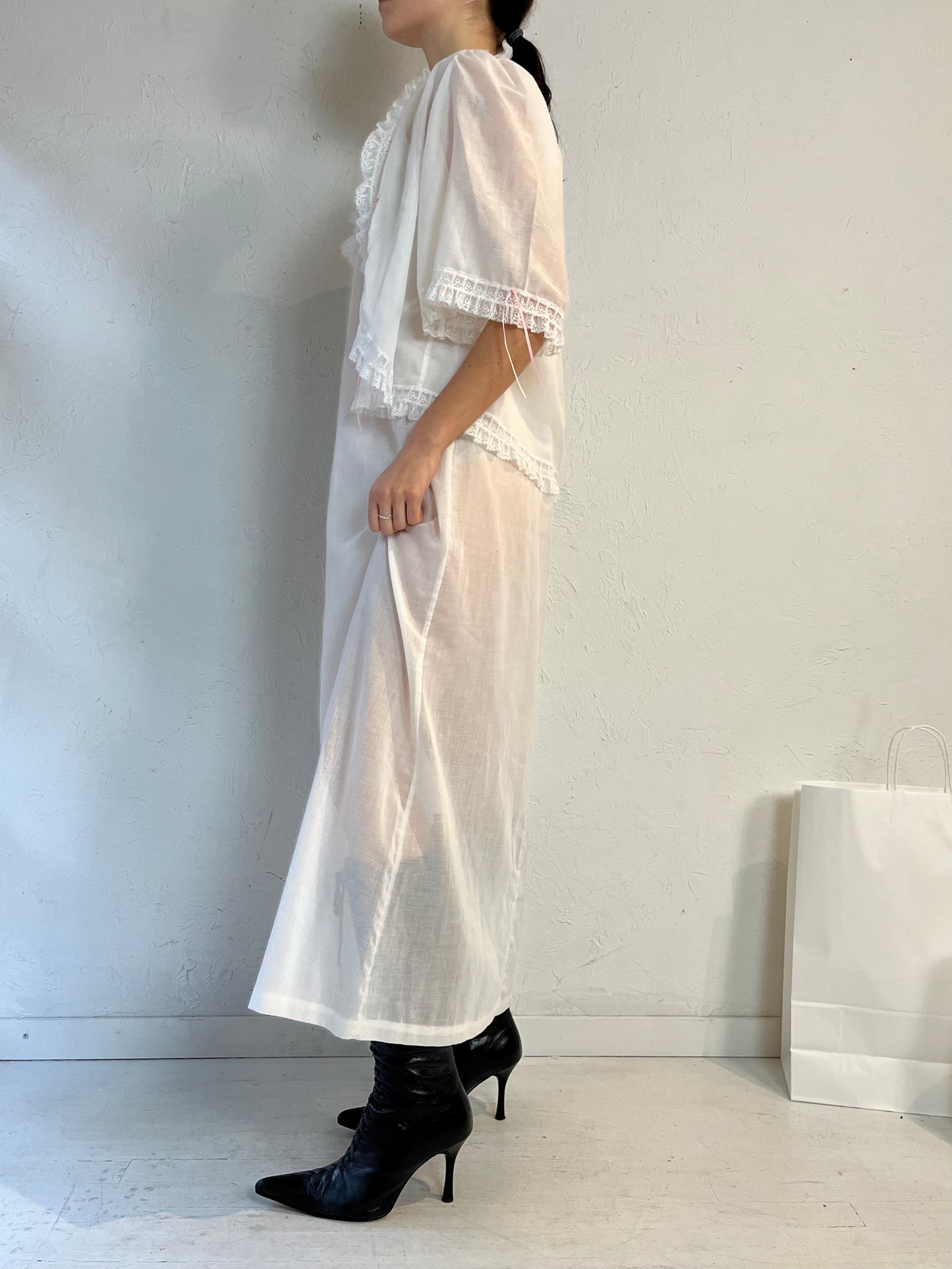 60s 'Bert Yelin' Union Made White Cotton Poly Night Gown  Set / Small