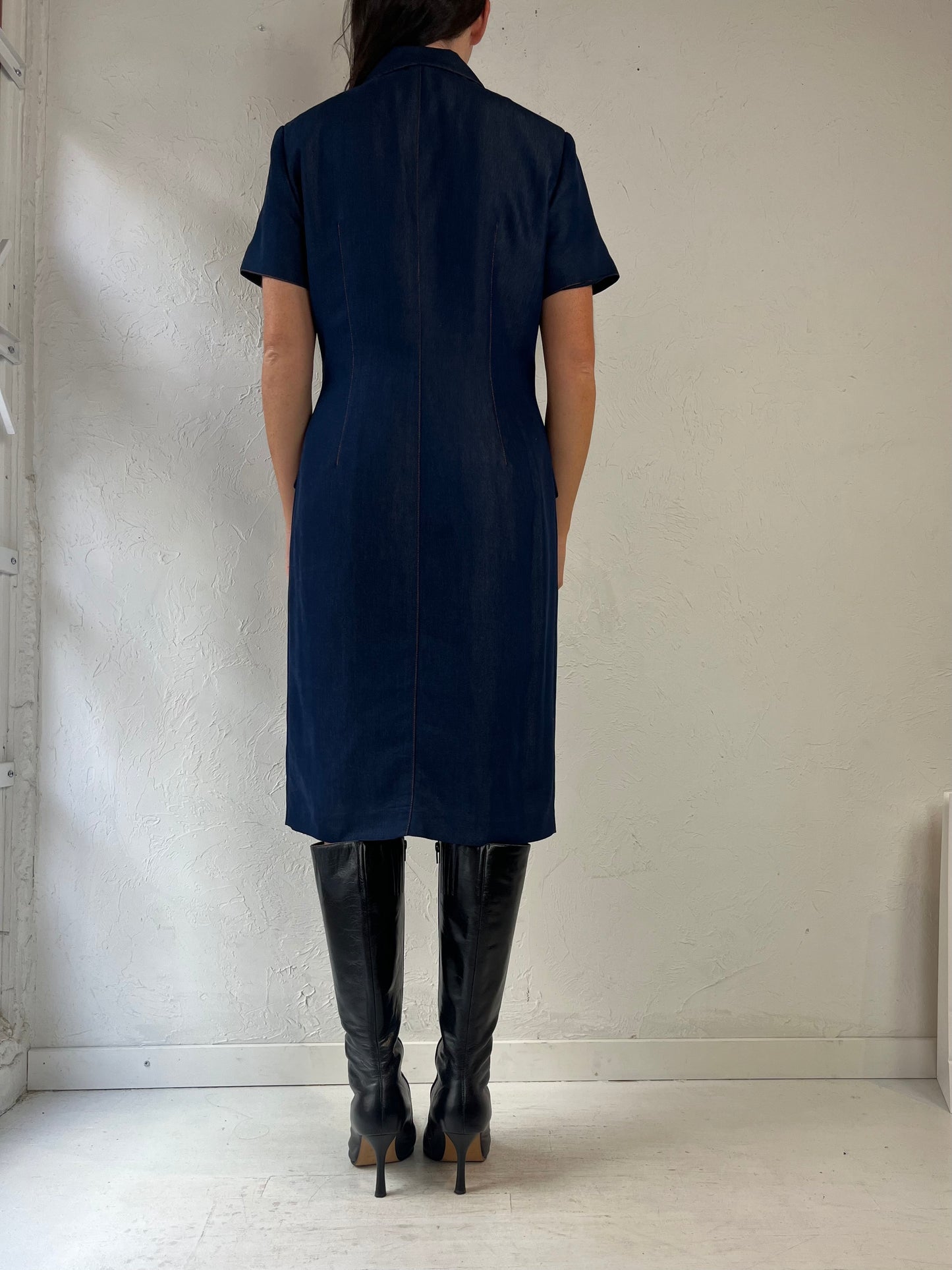 90s 'Saks Fifth Ave' Navy Blue Button Up Collared  Dress / Medium