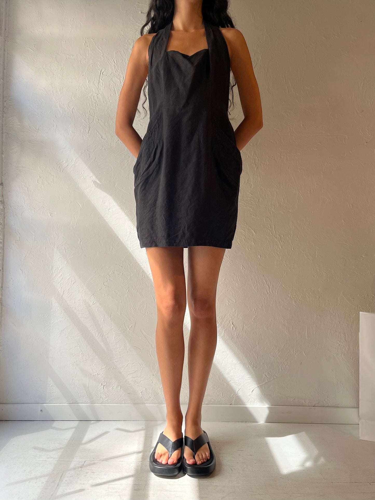 90s 'Jean Claude Poitras' Black Linen Halter Mini Dress / Small