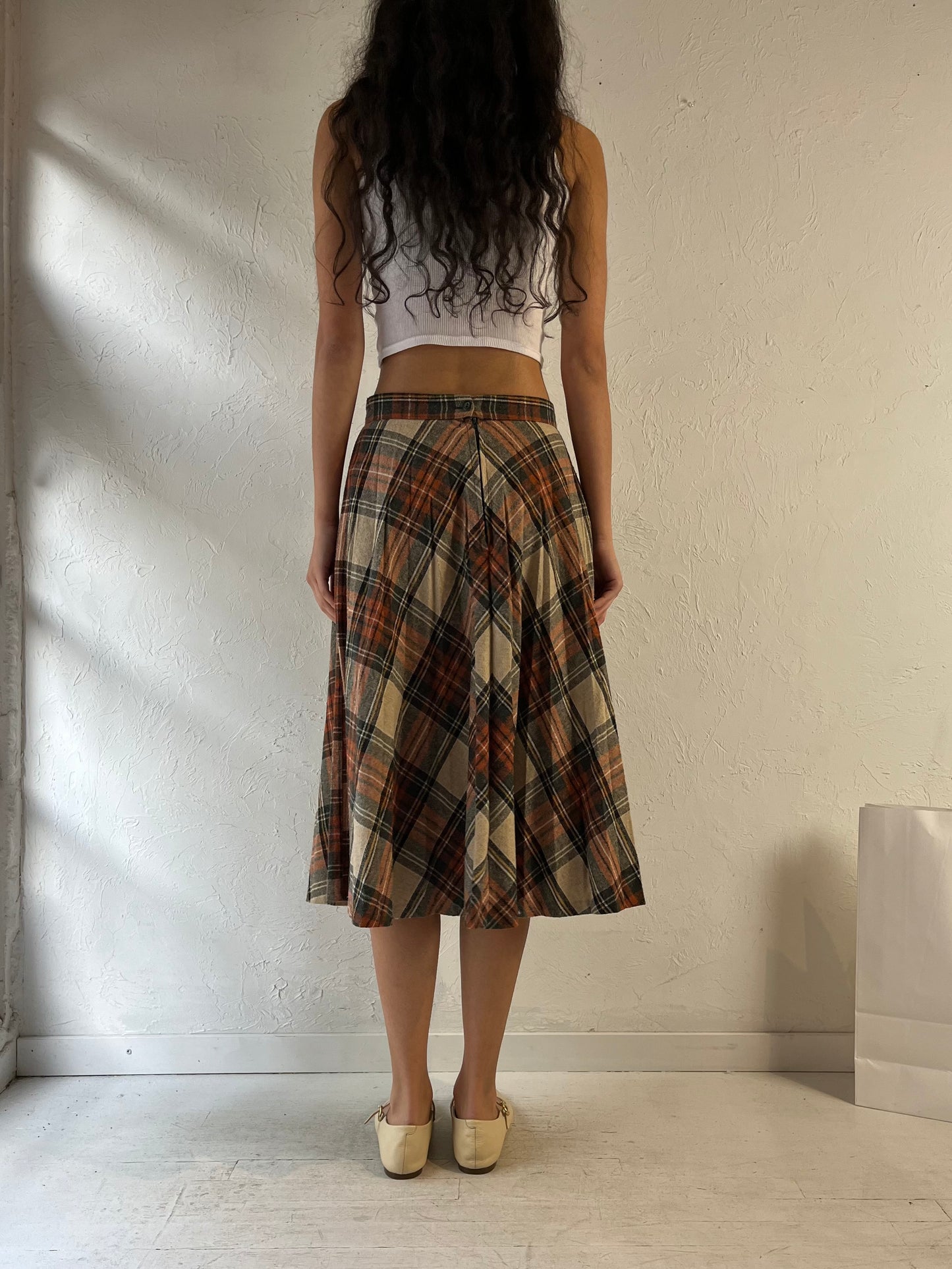 Vintage Plaid Wool Knit Midi Skirt / Medium