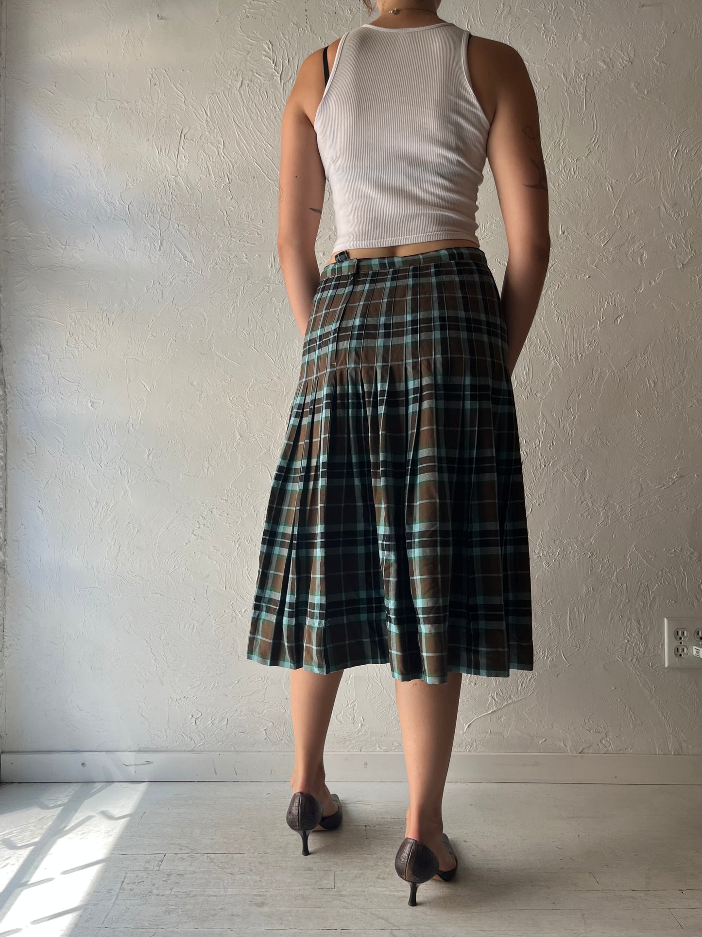 Vintage Paid Wool Pleated Peppy Academia Midi Fall Winter Skirt / Medium