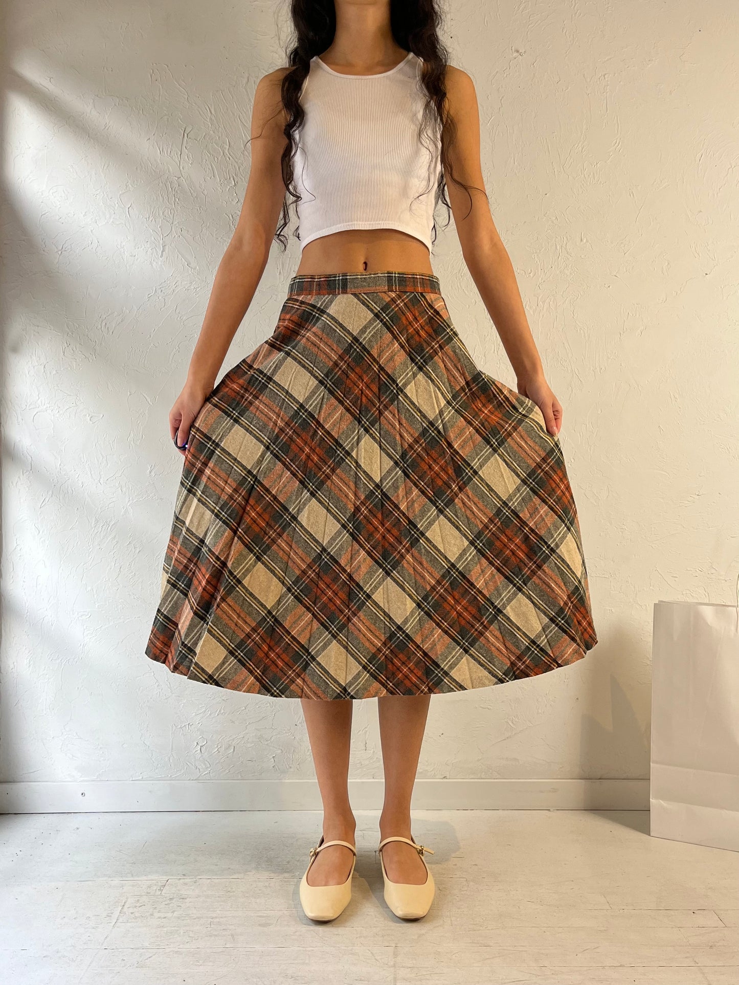 Vintage Plaid Wool Knit Midi Skirt / Medium