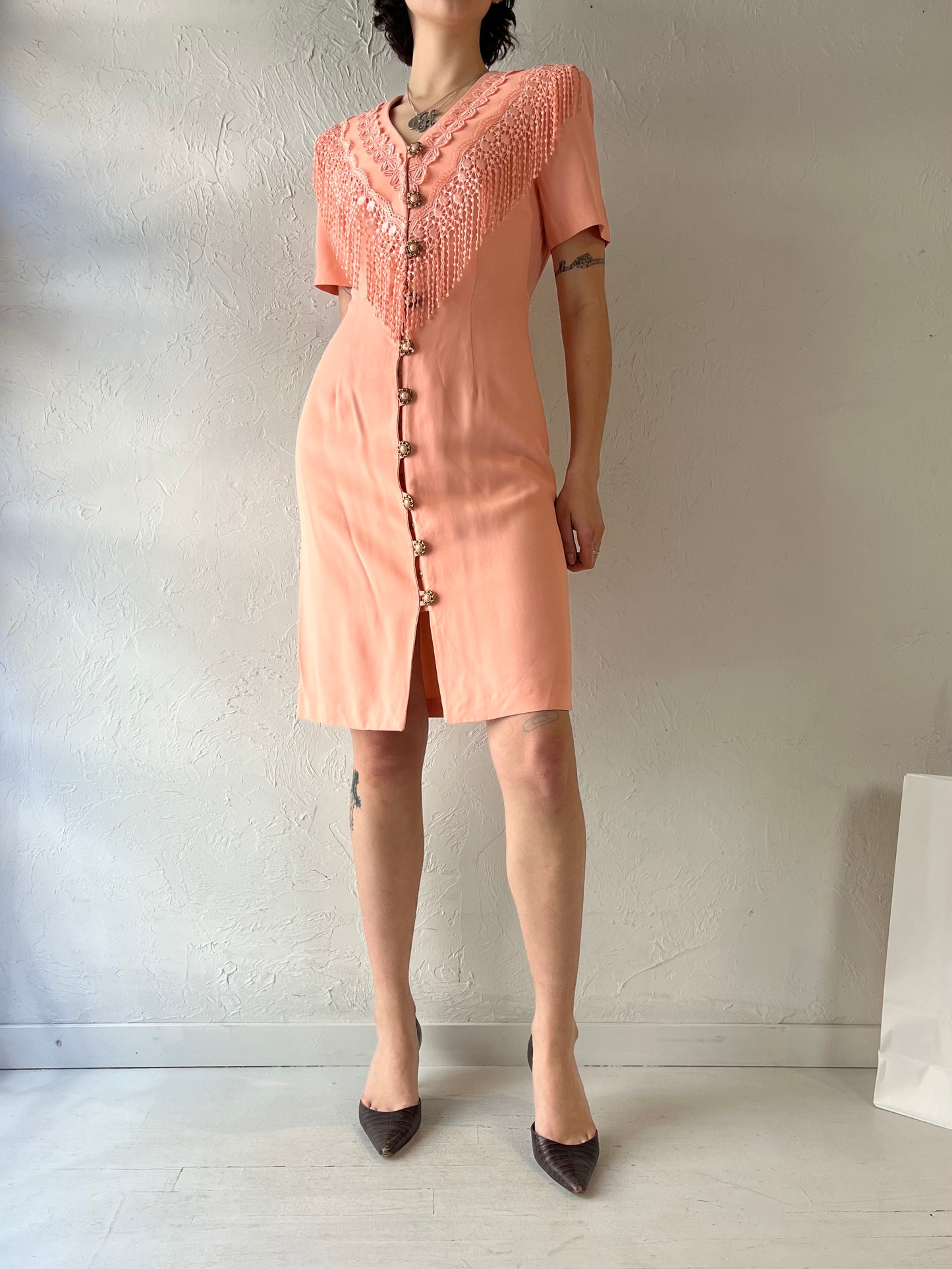 90s 'Petite Sophisticate' Pink Button Up Dress / Small