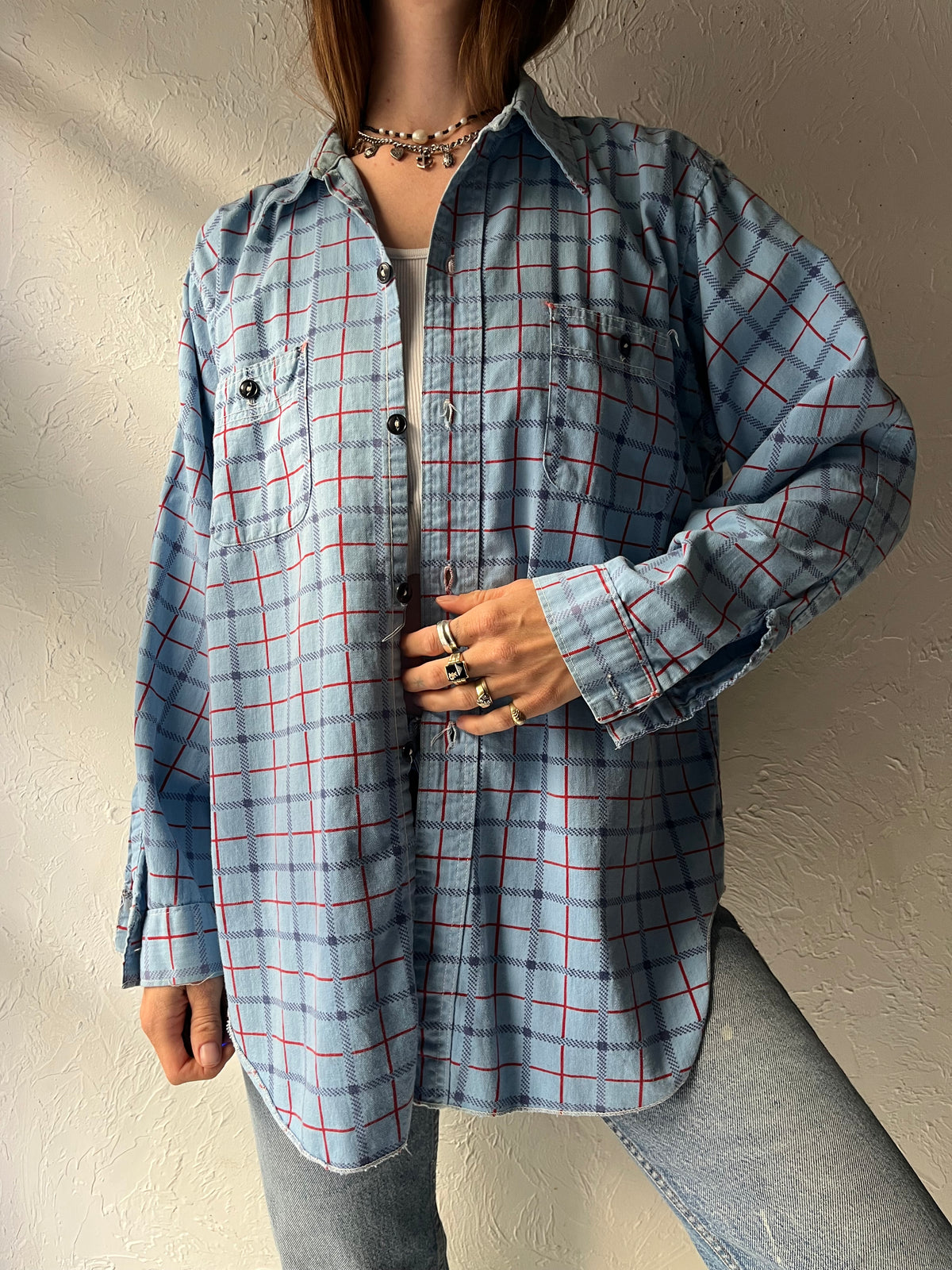 60s Vintage Blue Red Plaid Oxford Button Down Shirt Preppy Ivy League Sportswear / Medium